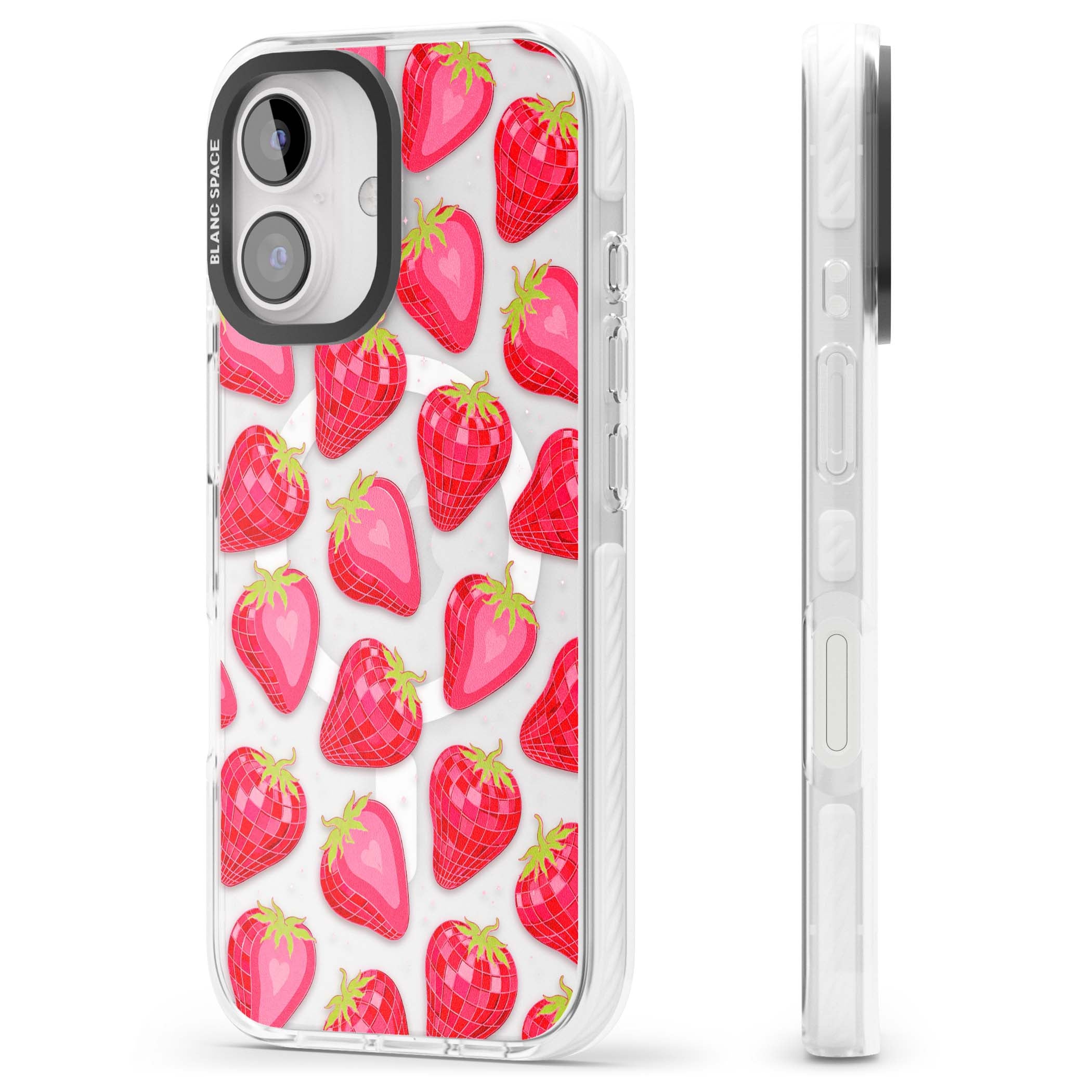 Disco Strawberry Y2K iPhone case featuring pink disco-ball strawberries, green leaves and tiny sparkles | Impact Magsafe case for iPhone 16, iPhone 16 Plus