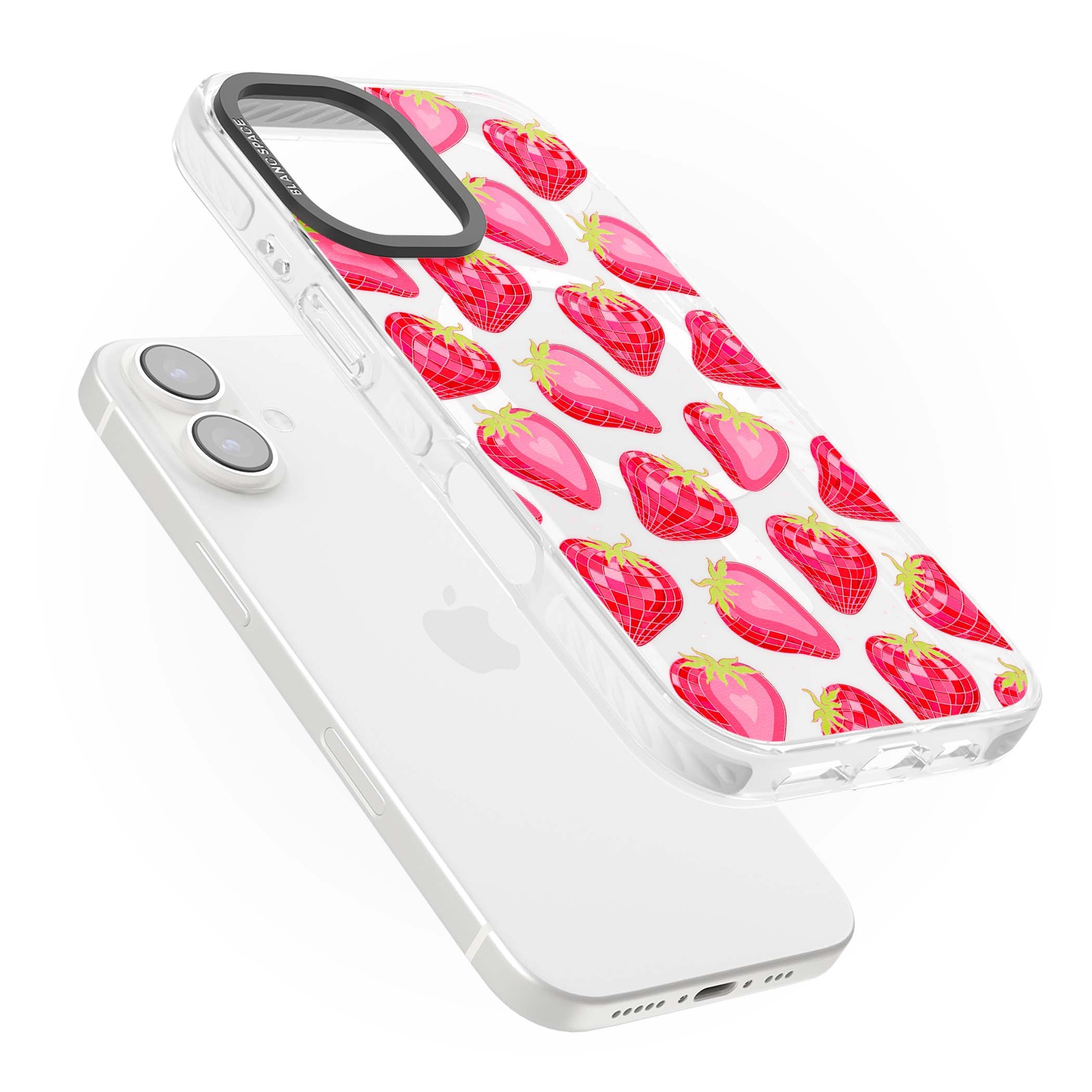 Disco Strawberry Y2K iPhone case featuring pink disco-ball strawberries, green leaves and tiny sparkles | Impact Magsafe case for iPhone 16, iPhone 16 Plus