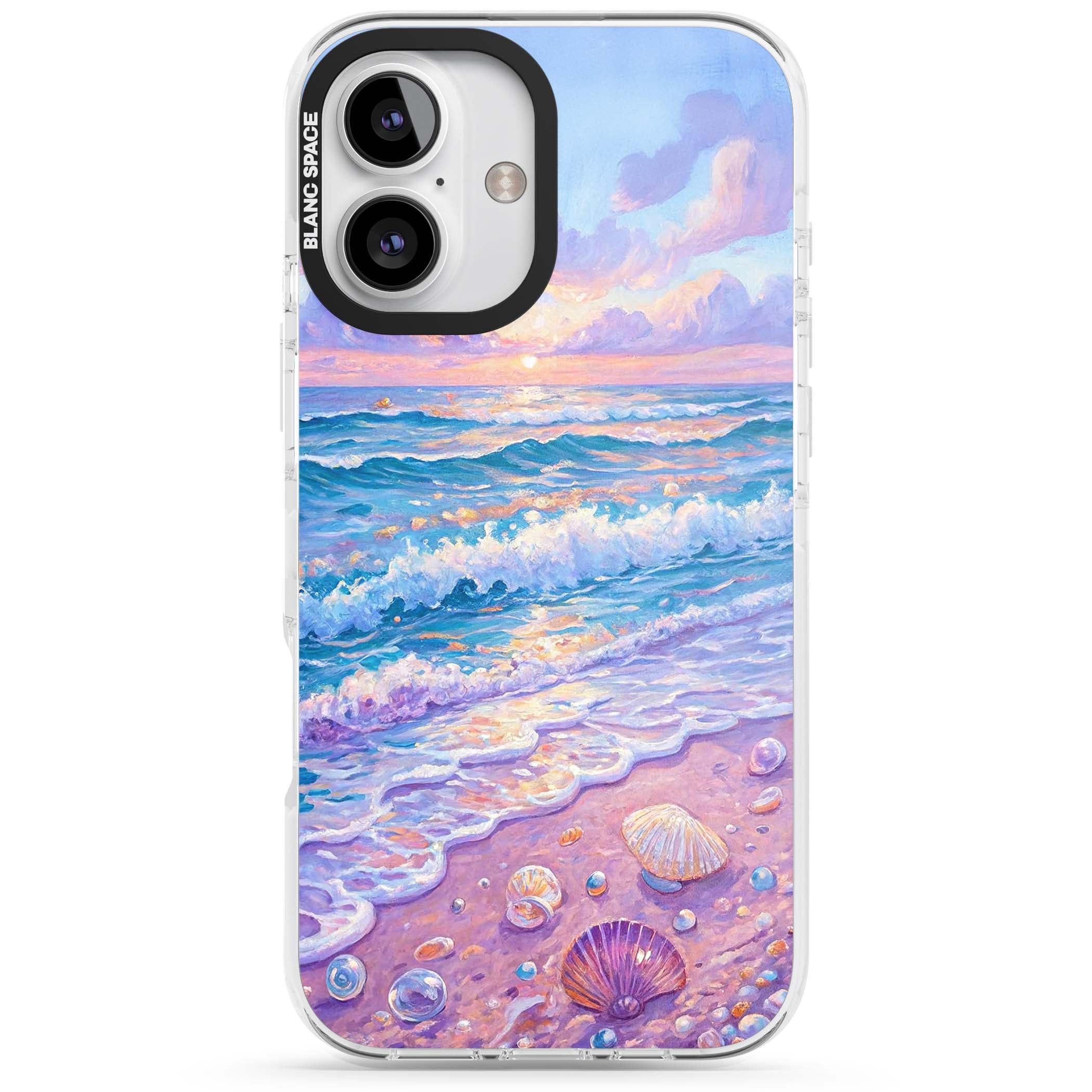 Pearl Shore coastal iPhone case featuring pastel painted waves, seashells, and a sunrise sky over a lavender beach. | Impact Magsafe case for iPhone 16, iPhone 16 Plus