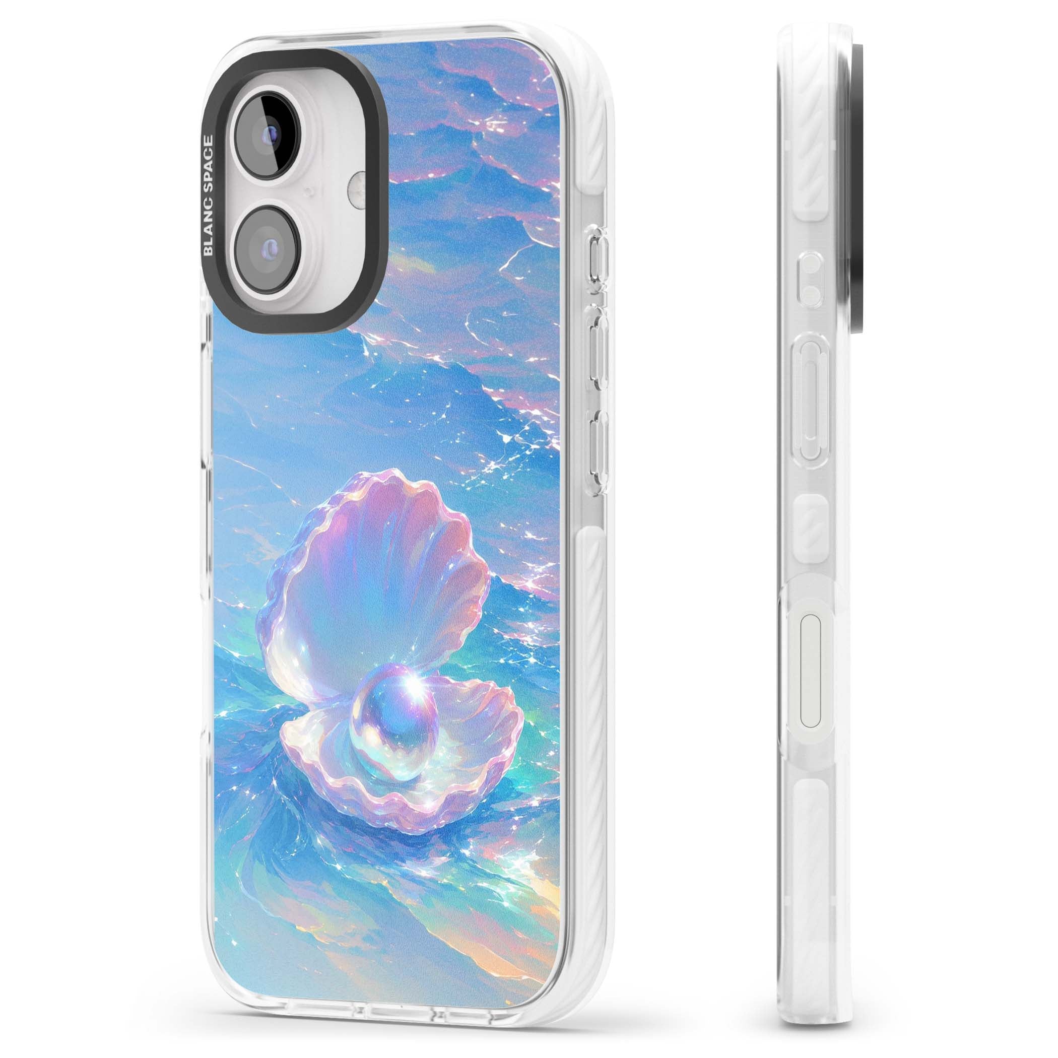 The Pearl Clam mermaidcore iPhone case featuring iridescent seashell, glowing pearl and pastel ocean waves | Impact Magsafe case for iPhone 16, iPhone 16 Plus