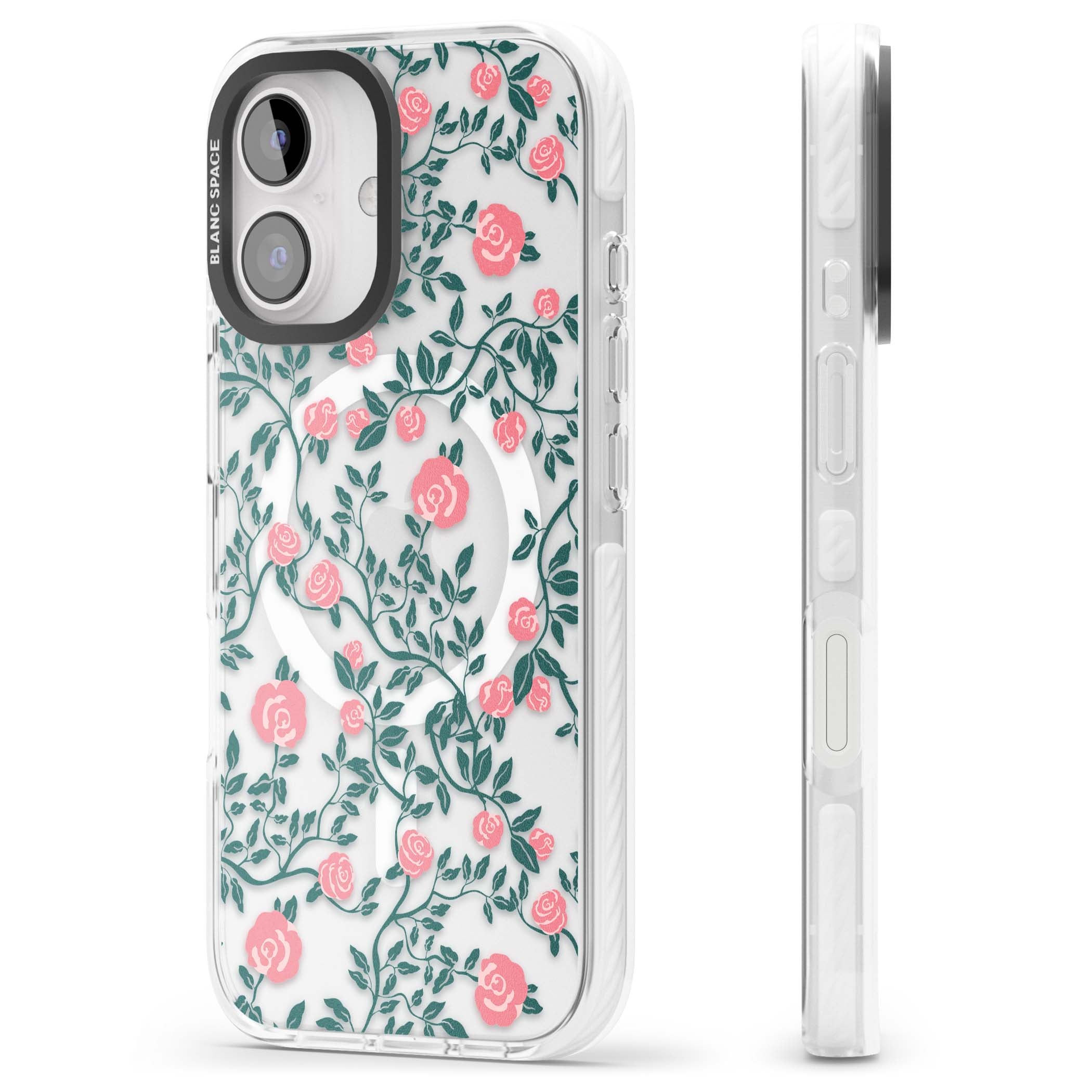 Rose Trellis (Clear) cottagecore iPhone case featuring pink climbing roses and green leaves on clear background | Impact Magsafe case for iPhone 16, iPhone 16 Plus