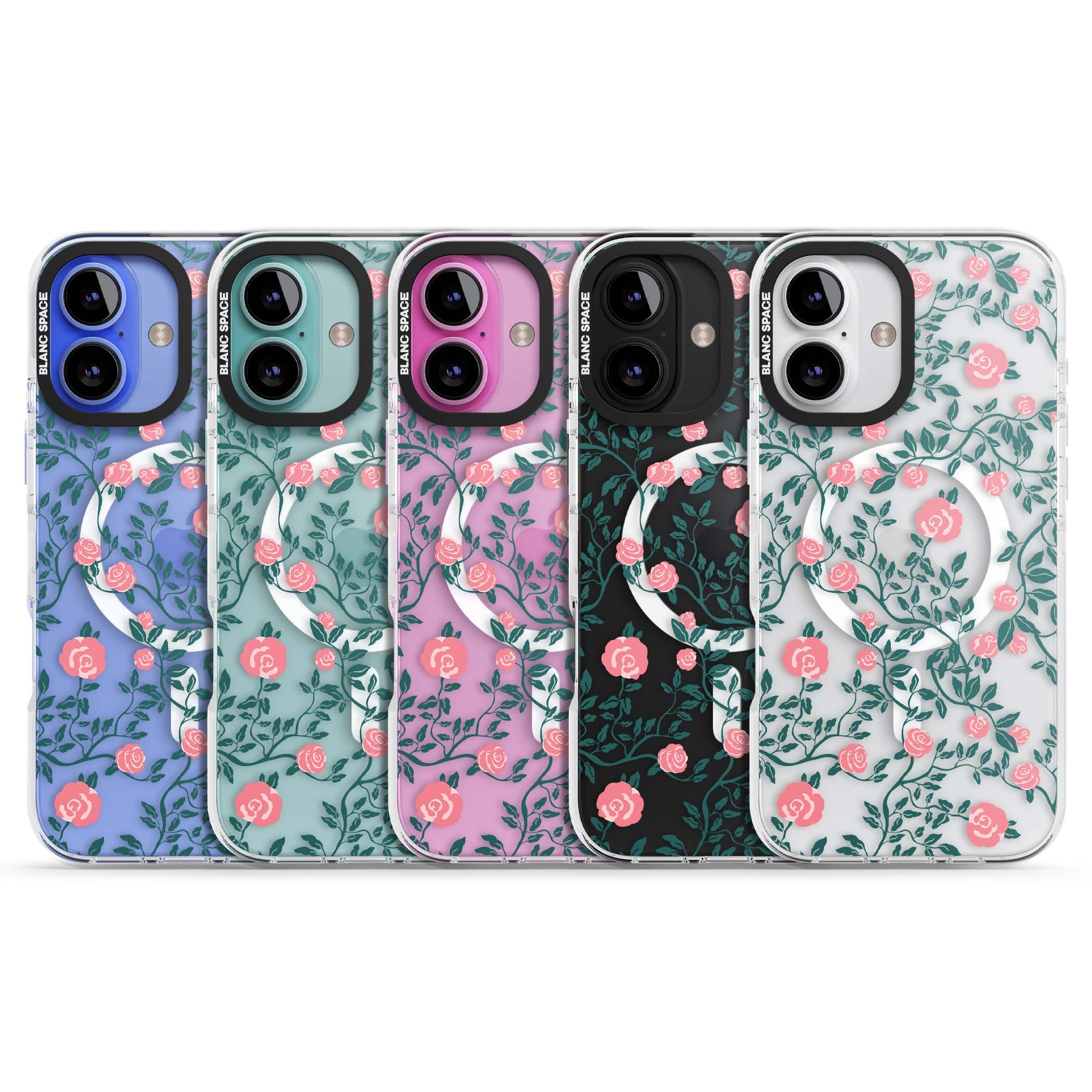 Rose Trellis (Clear) cottagecore iPhone case featuring pink climbing roses and green leaves on clear background | Impact Magsafe case for iPhone 16, iPhone 16 Plus