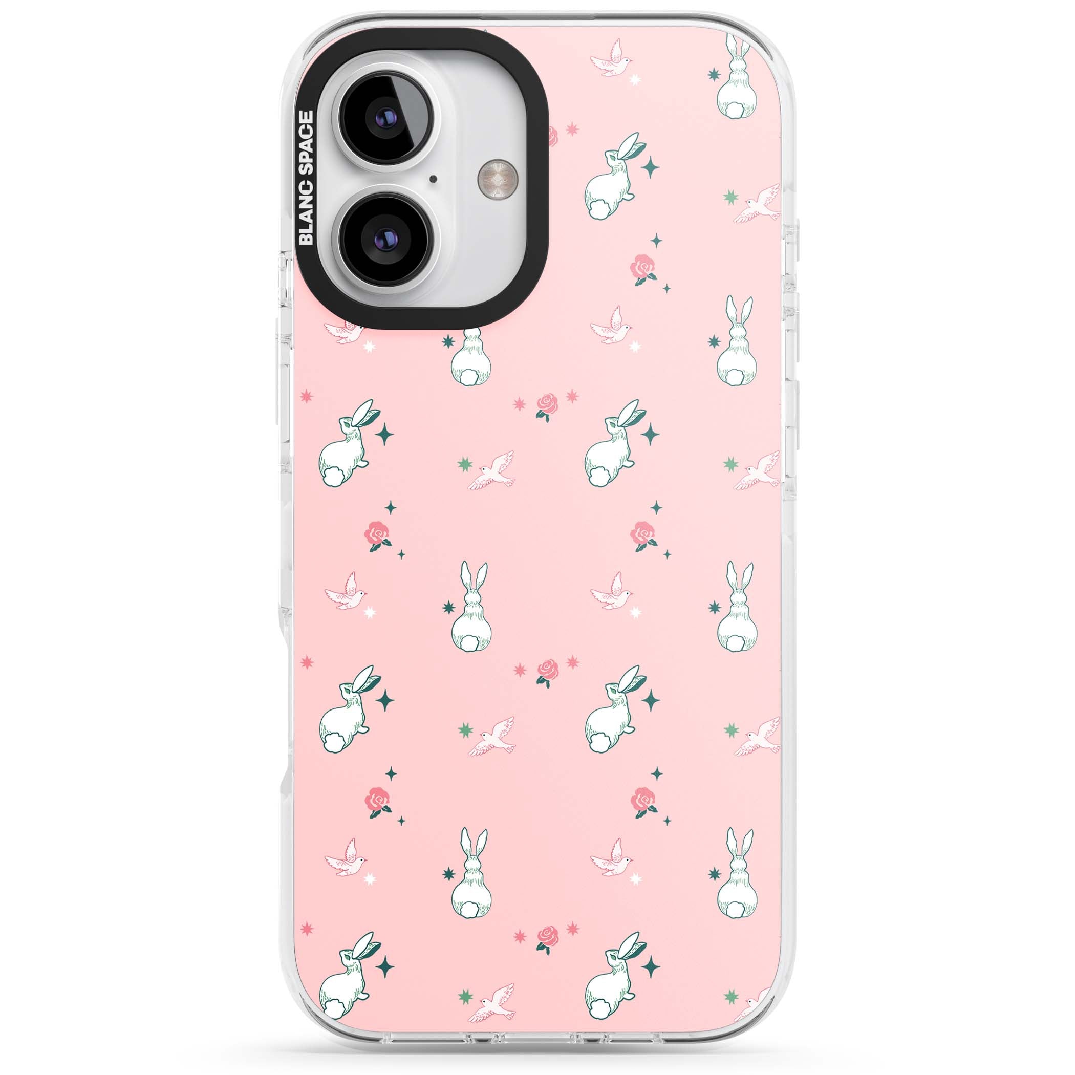 Bunny Garden kawaii iPhone case featuring white rabbits, pink roses, doves and stars on pink background | Impact Magsafe case for iPhone 16, iPhone 16 Plus