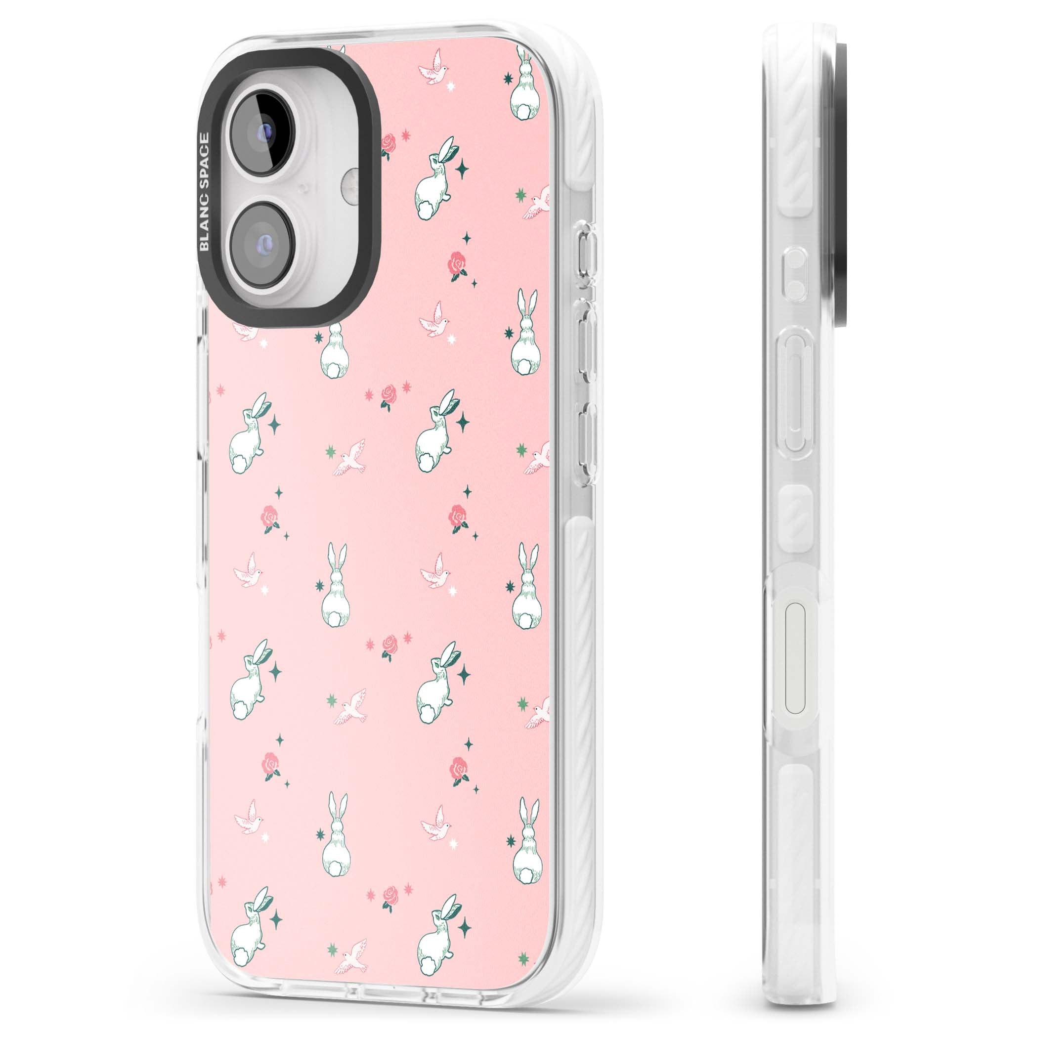 Bunny Garden kawaii iPhone case featuring white rabbits, pink roses, doves and stars on pink background | Impact Magsafe case for iPhone 16, iPhone 16 Plus