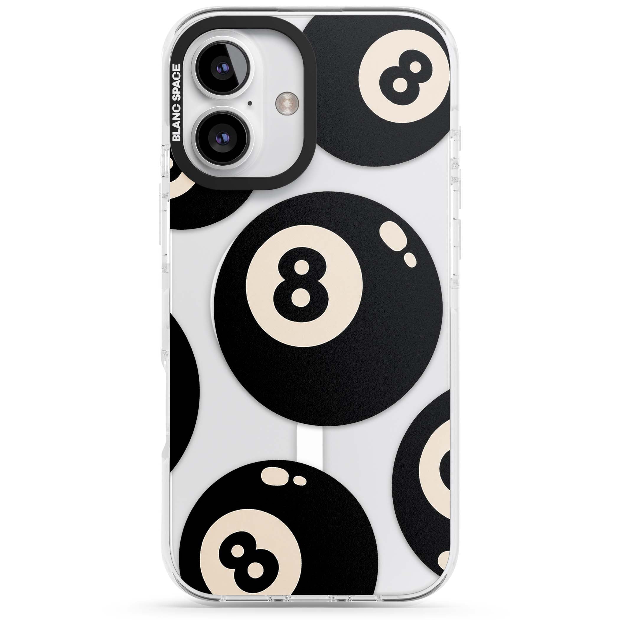 Eights y2k iPhone case featuring scattered black 8 balls with cream highlights on a clear background | Impact Magsafe case for iPhone 16, iPhone 16 Plus