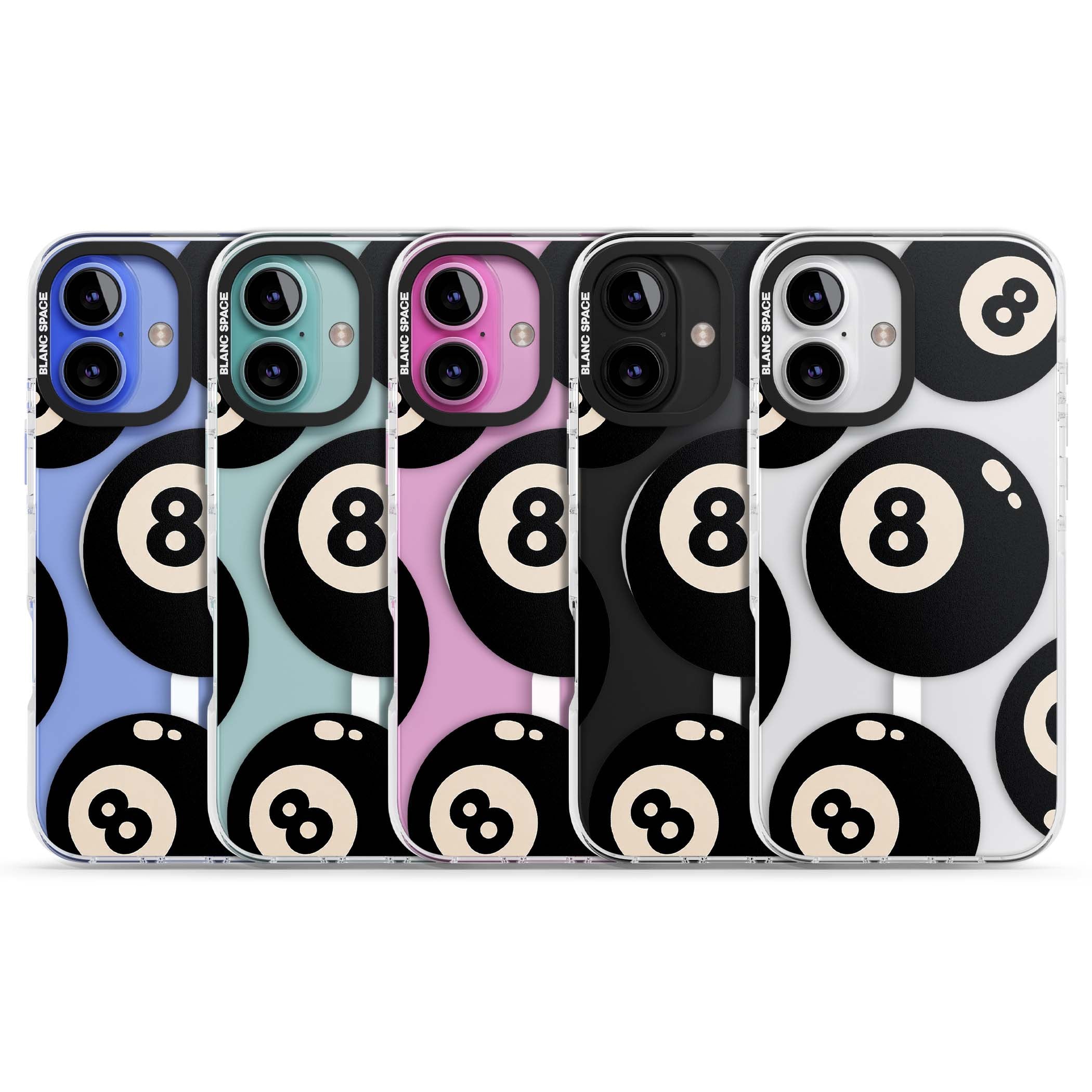 Eights y2k iPhone case featuring scattered black 8 balls with cream highlights on a clear background | Impact Magsafe case for iPhone 16, iPhone 16 Plus