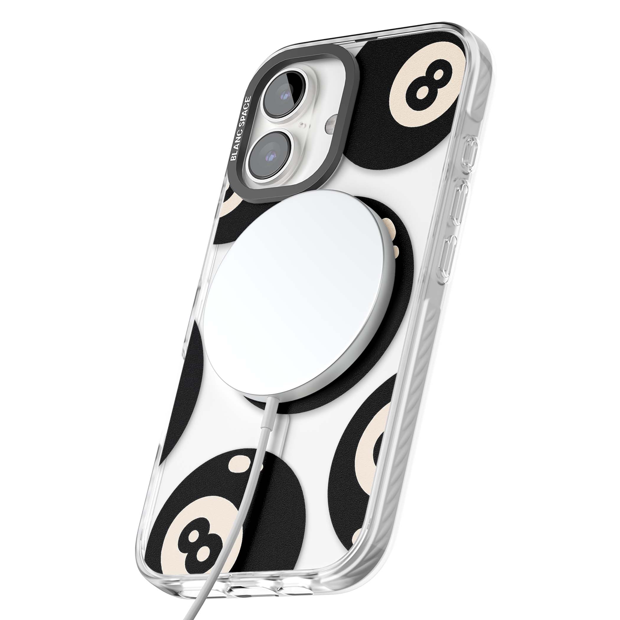 Eights y2k iPhone case featuring scattered black 8 balls with cream highlights on a clear background | Impact Magsafe case for iPhone 16, iPhone 16 Plus