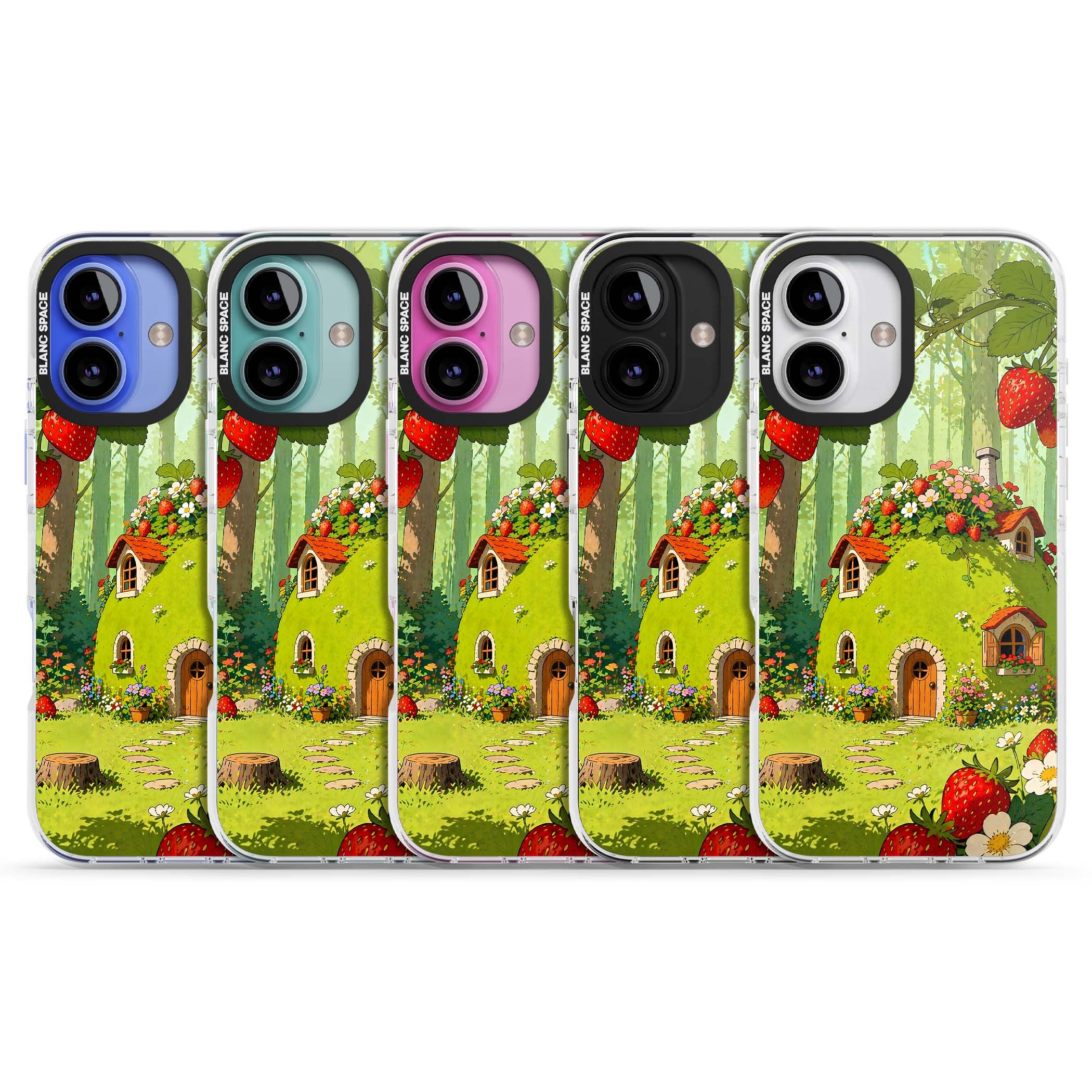 Strawberry Cottage cottagecore iPhone case featuring a green fairy house, wild strawberries and enchanted forest flowers | Impact Magsafe case for iPhone 16, iPhone 16 Plus
