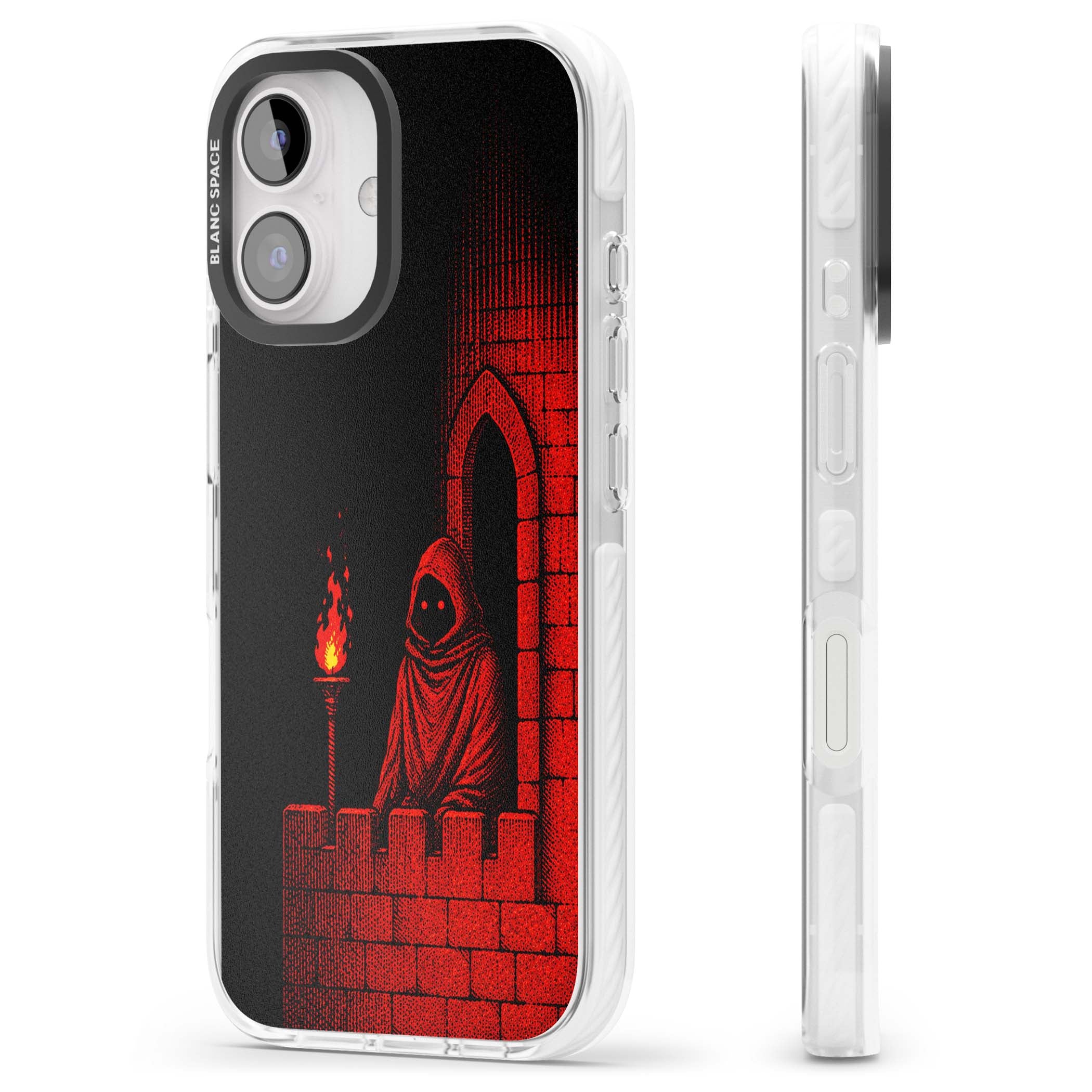 Crimson Crypt gothic iPhone case featuring a hooded reaper, torchlit crypt archway and red halftone horror art | Impact Magsafe case for iPhone 16, iPhone 16 Plus