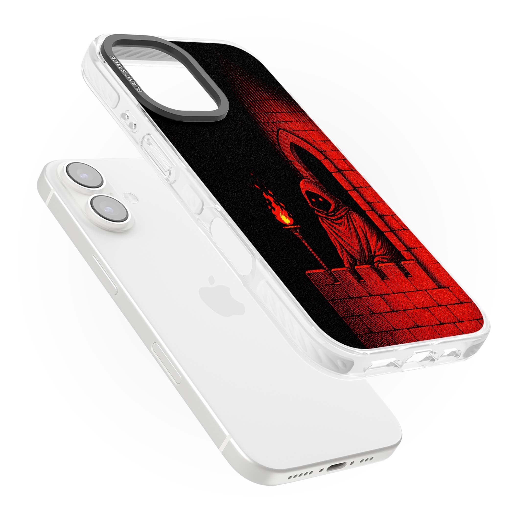Crimson Crypt gothic iPhone case featuring a hooded reaper, torchlit crypt archway and red halftone horror art | Impact Magsafe case for iPhone 16, iPhone 16 Plus