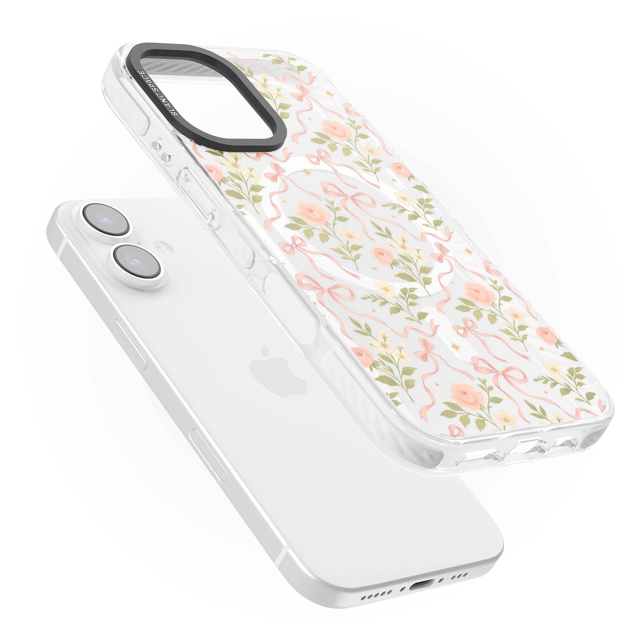 Ribbon Garden coquette iPhone case featuring pink bows, peach roses and wildflowers on white background | Impact Magsafe case for iPhone 16, iPhone 16 Plus