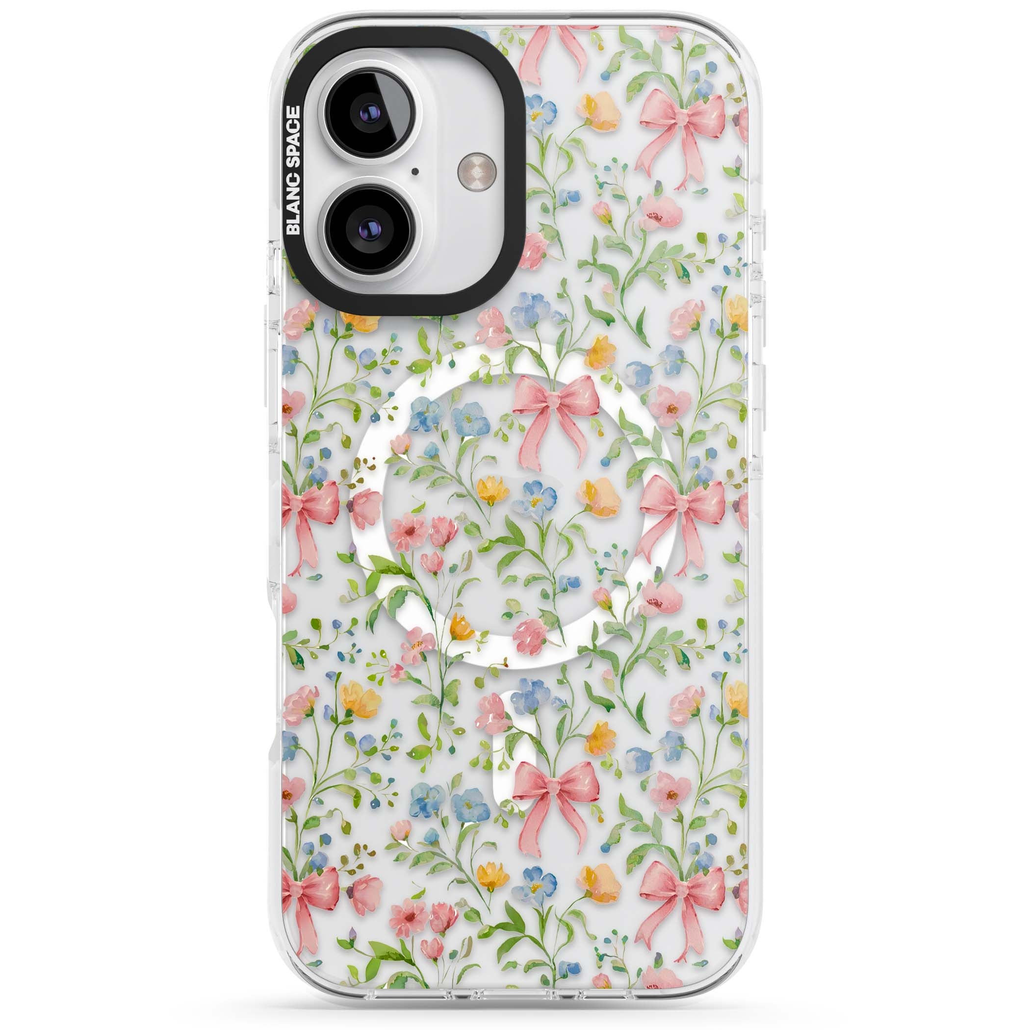 Ribbons & Wildflowers cottagecore iPhone case featuring watercolor wildflowers, pink satin bows, and delicate spring blooms o | Impact Magsafe case for iPhone 16, iPhone 16 Plus