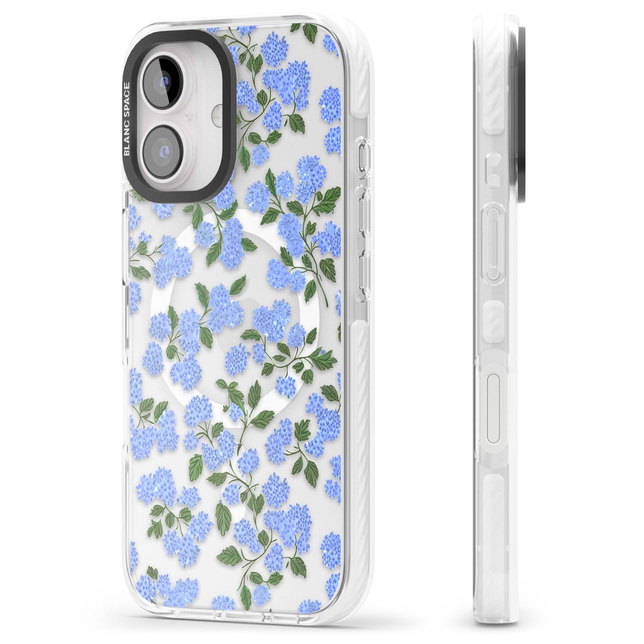 Hydrangea Dreams cottagecore iPhone case featuring soft blue hydrangea flower clusters and green leaves | Impact Magsafe case for iPhone 16, iPhone 16 Plus