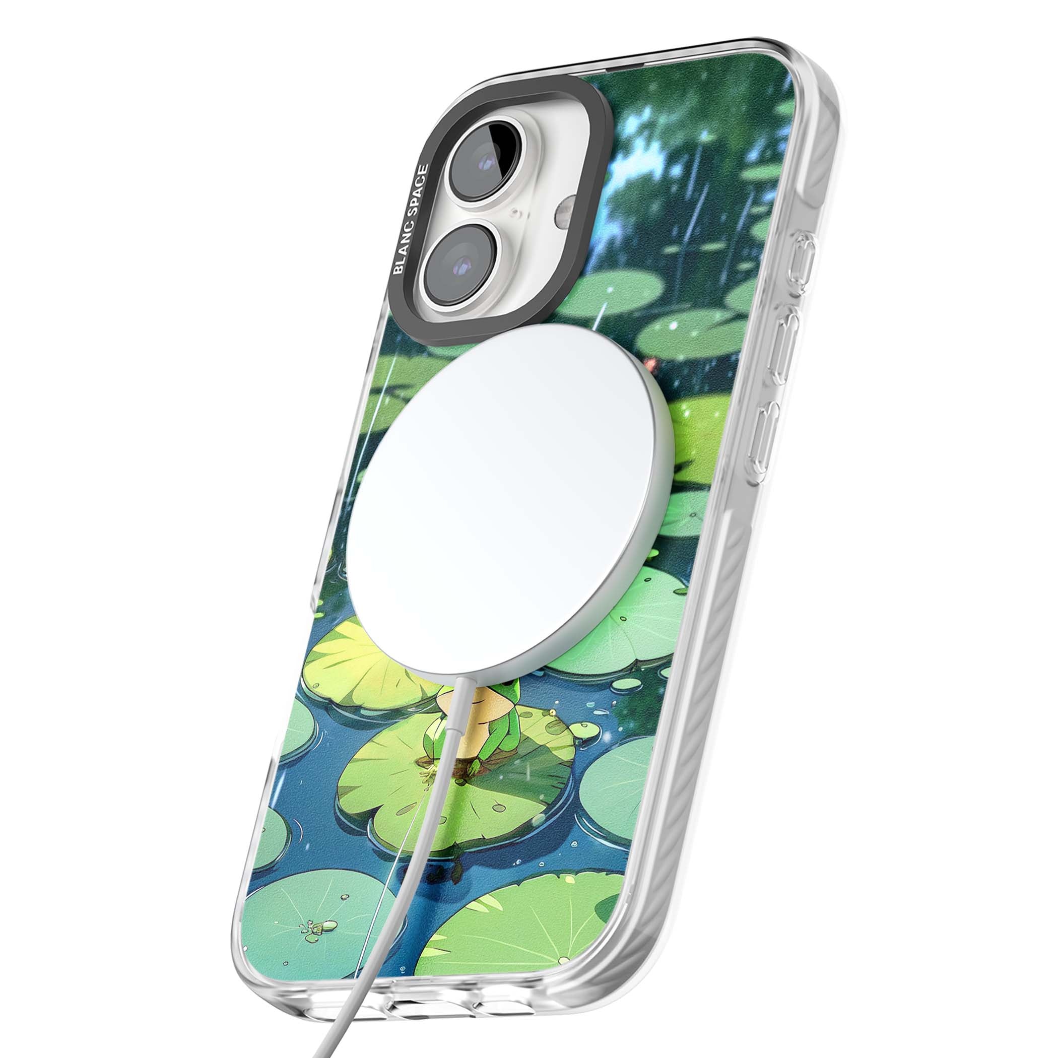 Frog In Lily Pond cottagecore iPhone case featuring a cute green frog on a lily pad with falling rain and a lotus flower | Impact Magsafe case for iPhone 16, iPhone 16 Plus