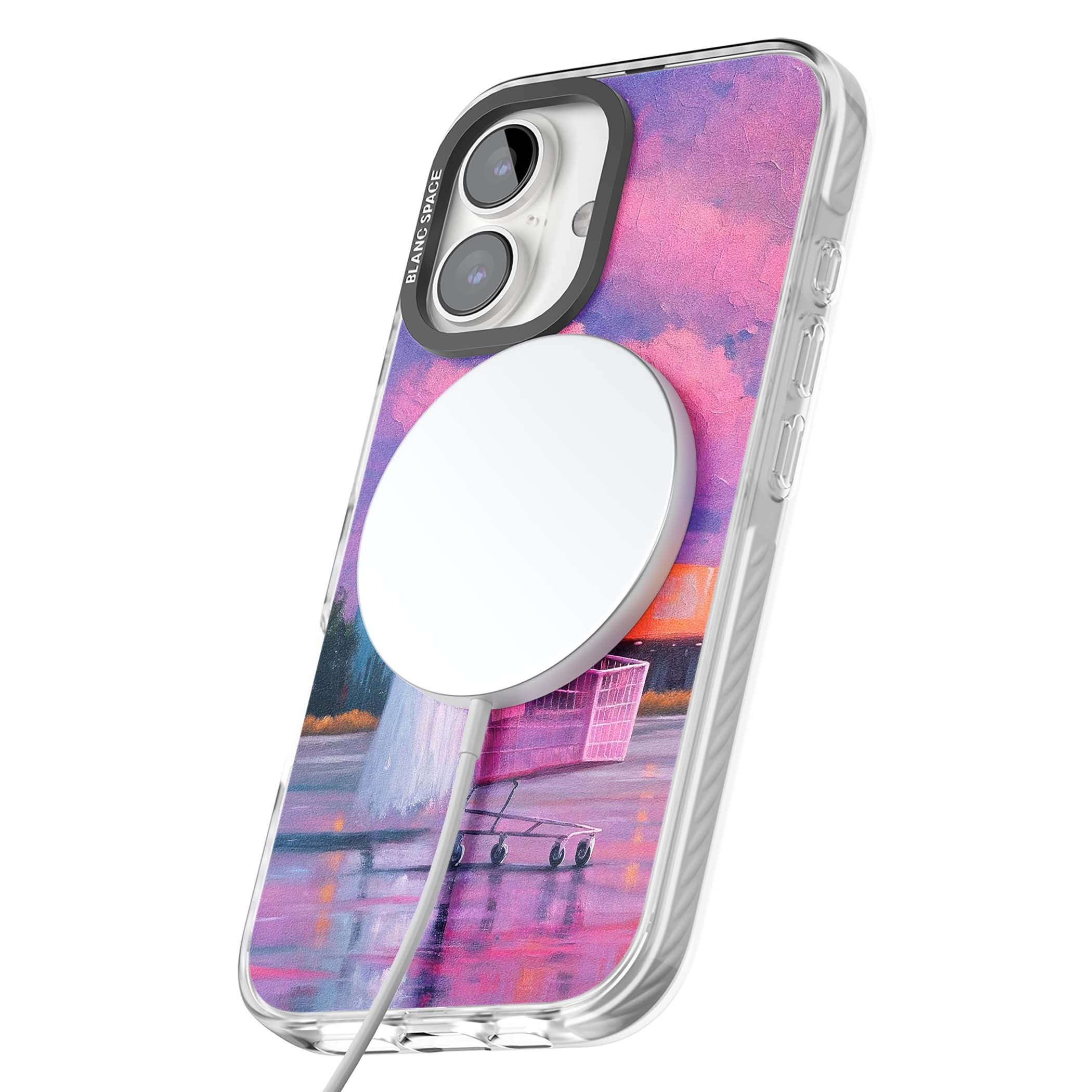 A Ghost's Errand ghost halloween iPhone case featuring a painted ghost, pink shopping trolley and purple sunset sky | Impact Magsafe case for iPhone 16, iPhone 16 Plus