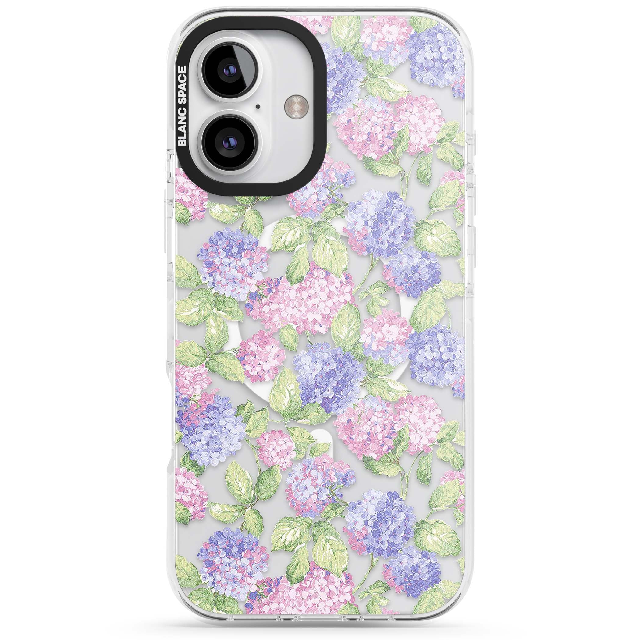 Cottage Hydrangea cottagecore iPhone case featuring pink and purple hydrangea blooms with green leaves on a clear background | Impact Magsafe case for iPhone 16, iPhone 16 Plus