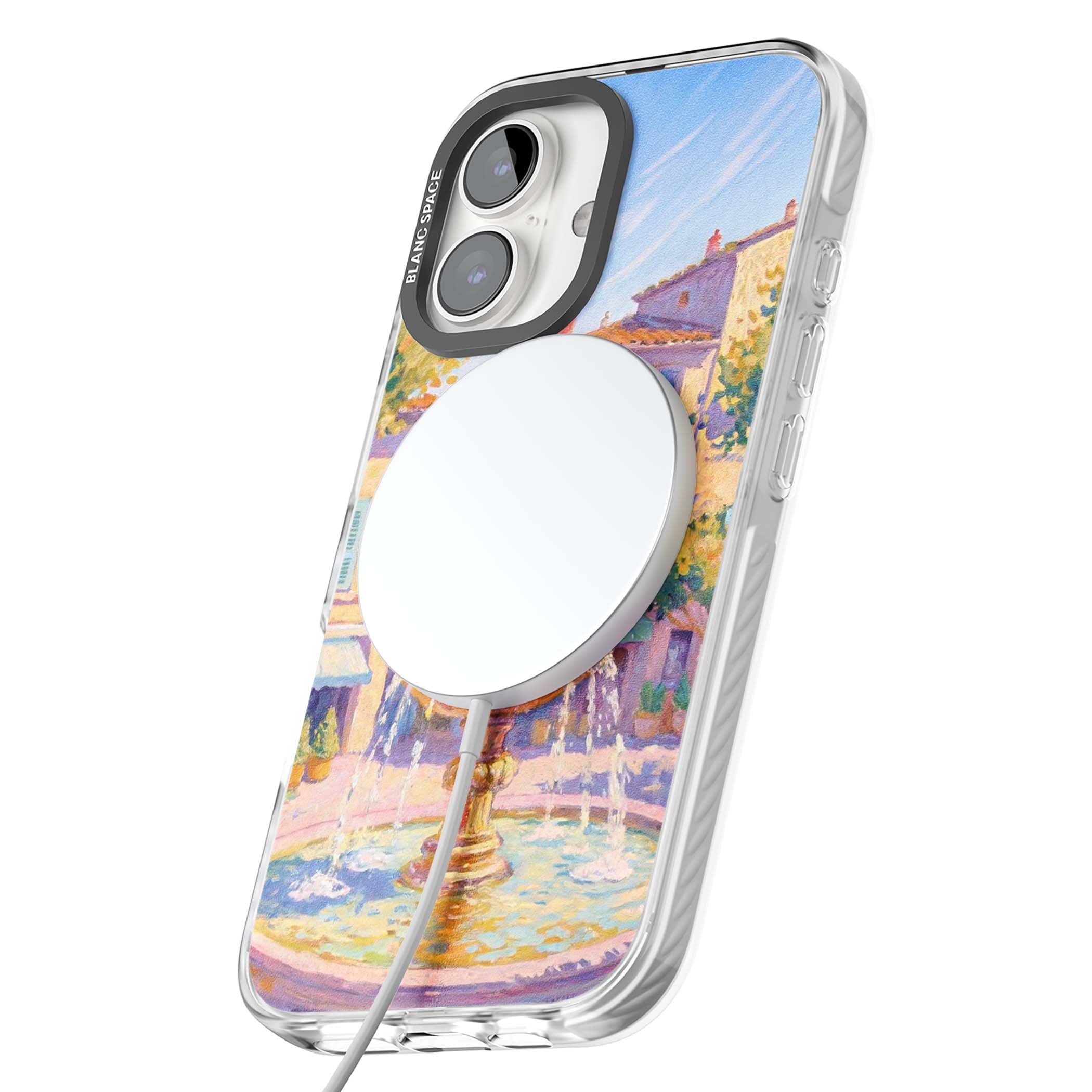 Fountain Square fine art iPhone case featuring an impressionist Provençal fountain, pastel village buildings and summe | Impact Magsafe case for iPhone 16, iPhone 16 Plus