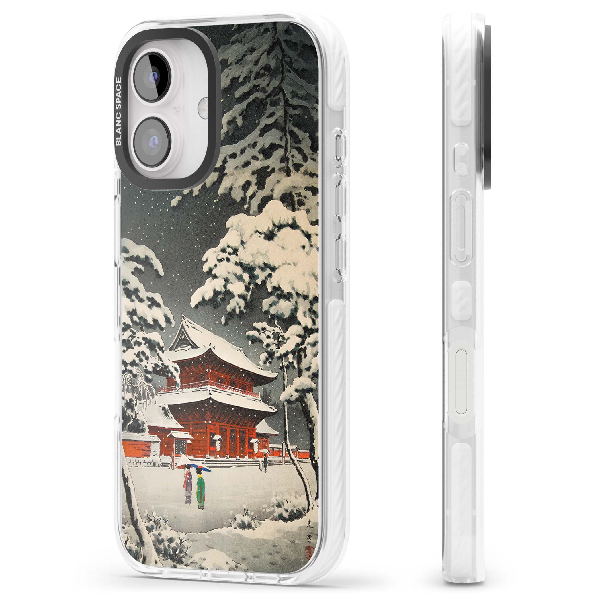 Snow at Shiha Park, Tokyo Japanese art iPhone case featuring a vintage ukiyo-e snowy temple, red pagoda, and snow-covered pin | Impact Magsafe case for iPhone 16, iPhone 16 Plus