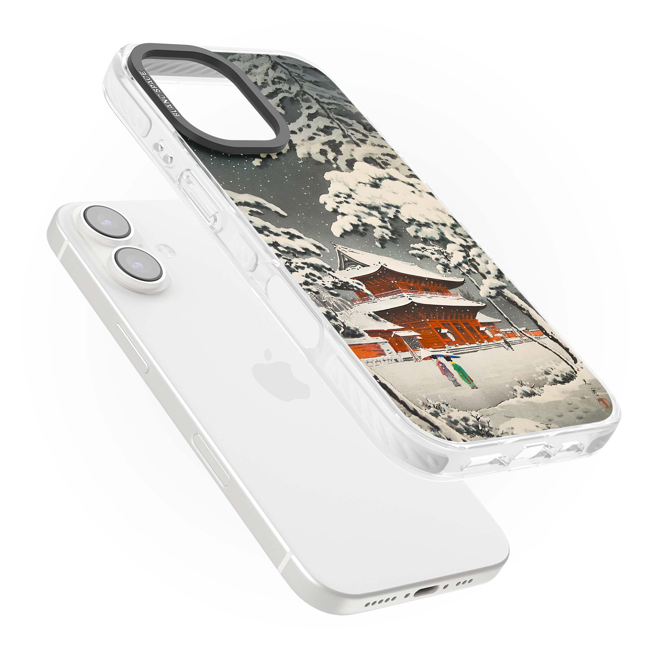 Snow at Shiha Park, Tokyo Japanese art iPhone case featuring a vintage ukiyo-e snowy temple, red pagoda, and snow-covered pin | Impact Magsafe case for iPhone 16, iPhone 16 Plus