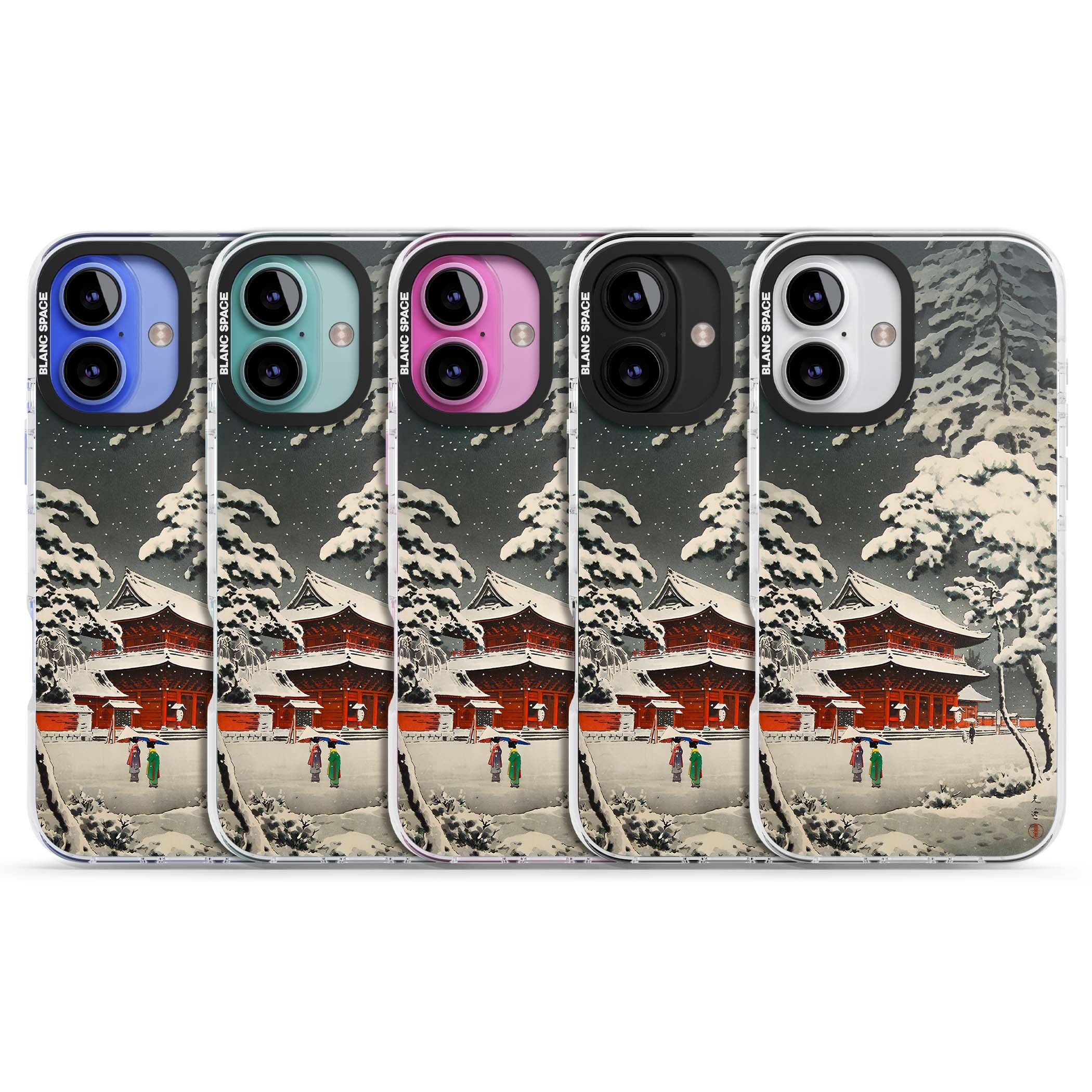 Snow at Shiha Park, Tokyo Japanese art iPhone case featuring a vintage ukiyo-e snowy temple, red pagoda, and snow-covered pin | Impact Magsafe case for iPhone 16, iPhone 16 Plus