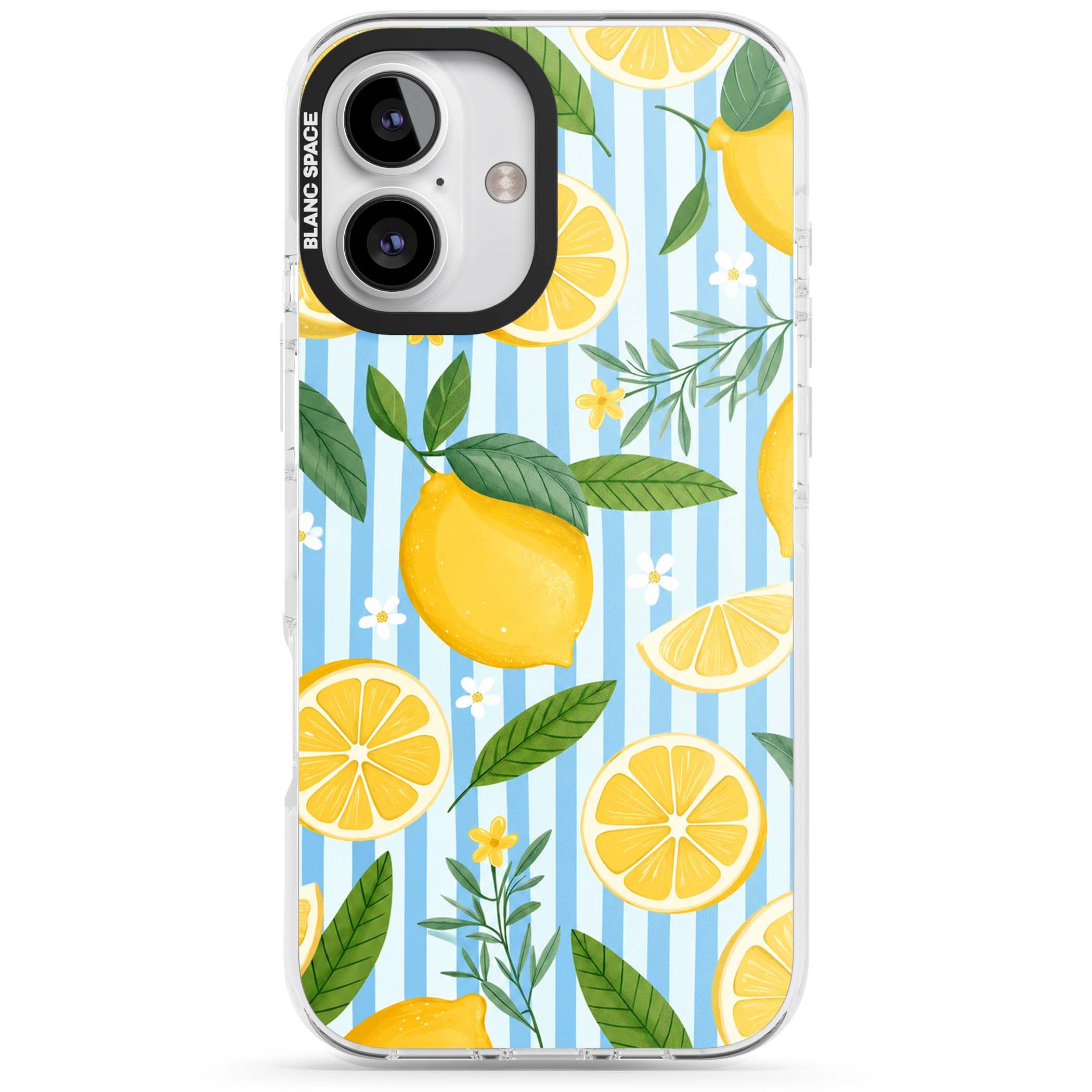 Capri Citrus Stripe coastal iPhone case featuring yellow lemons, blue stripes, and white daisy blossoms | Impact Magsafe case for iPhone 16, iPhone 16 Plus