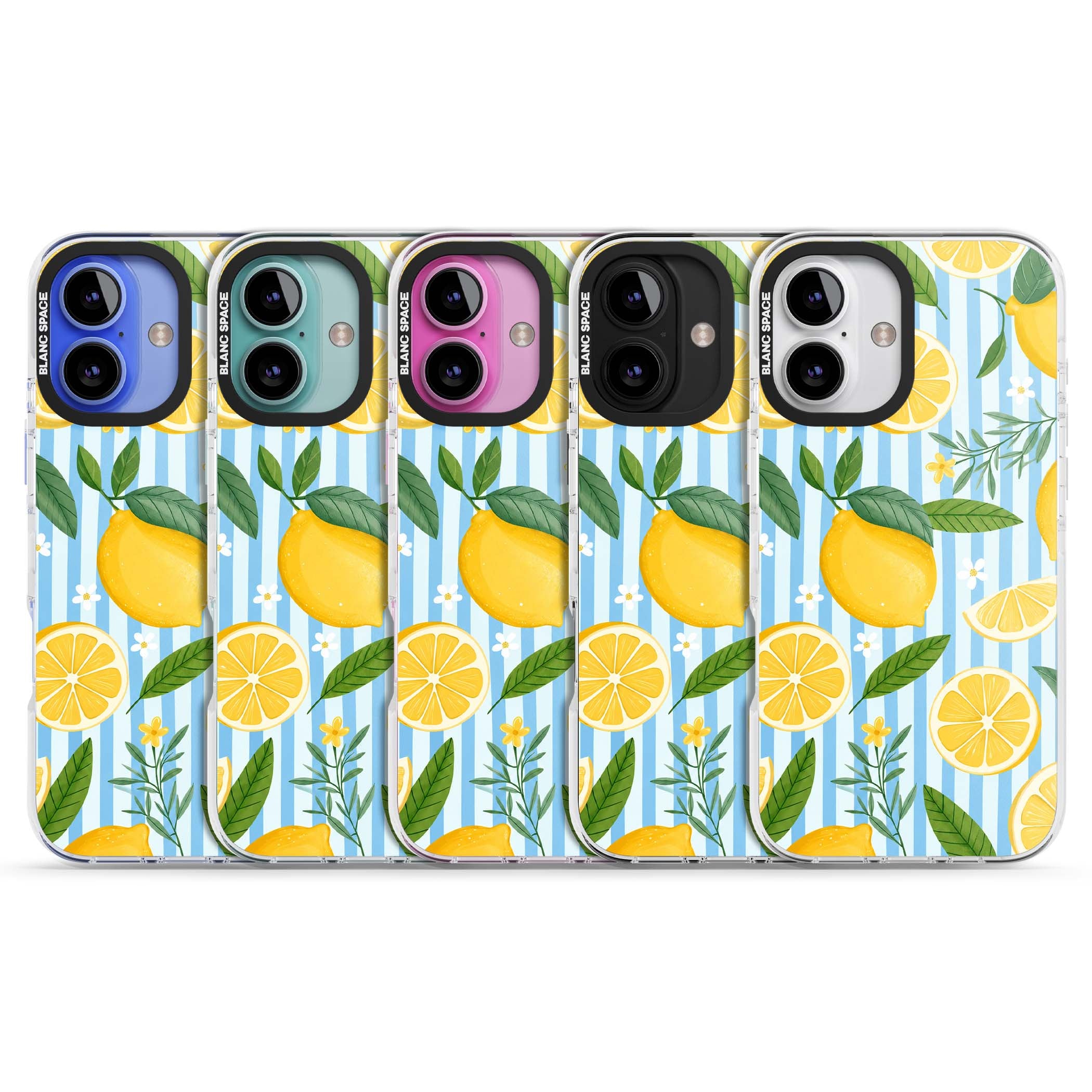 Capri Citrus Stripe coastal iPhone case featuring yellow lemons, blue stripes, and white daisy blossoms | Impact Magsafe case for iPhone 16, iPhone 16 Plus