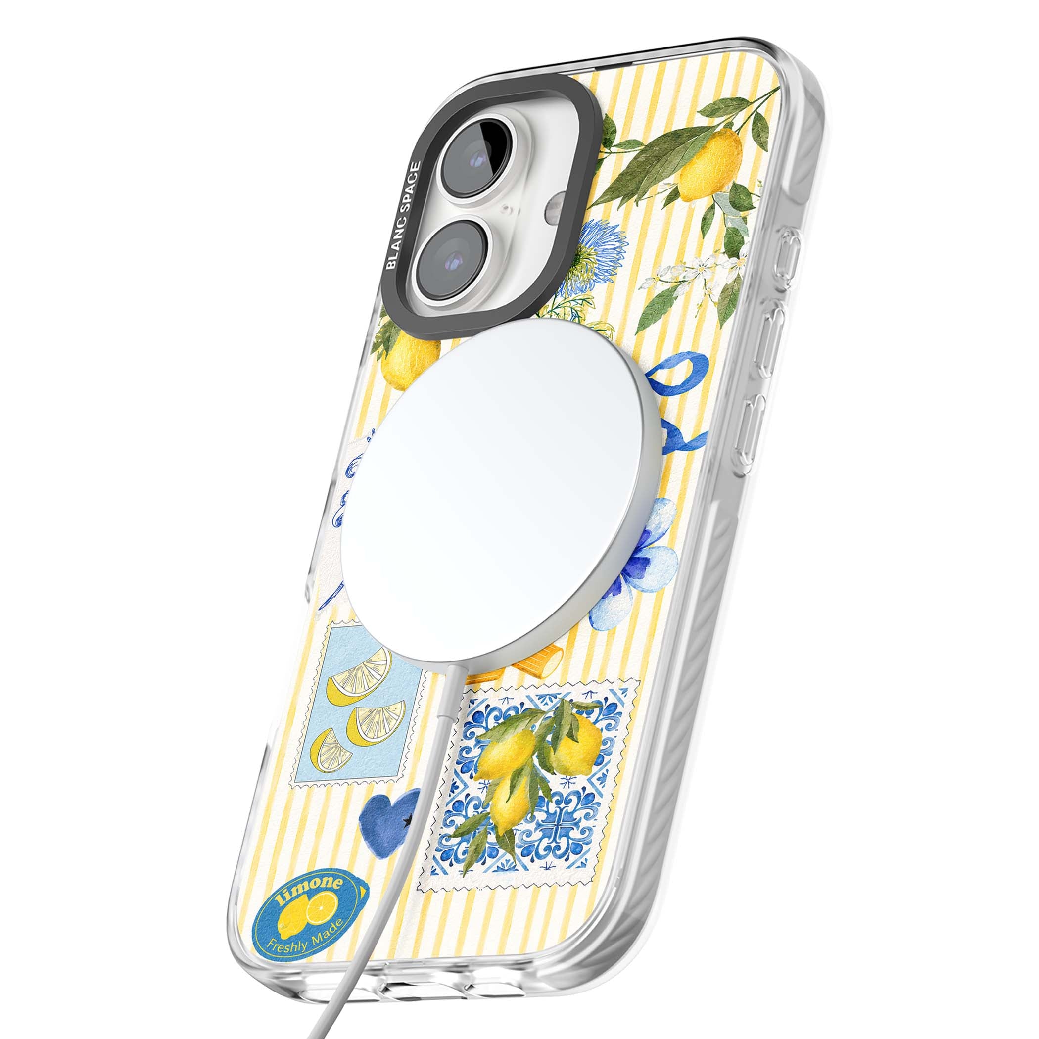 Limone Riviera Italian summer iPhone case featuring watercolour lemons, blue ribbon bows and majolica tile stamps on... | Impact Magsafe case for iPhone 16, iPhone 16 Plus