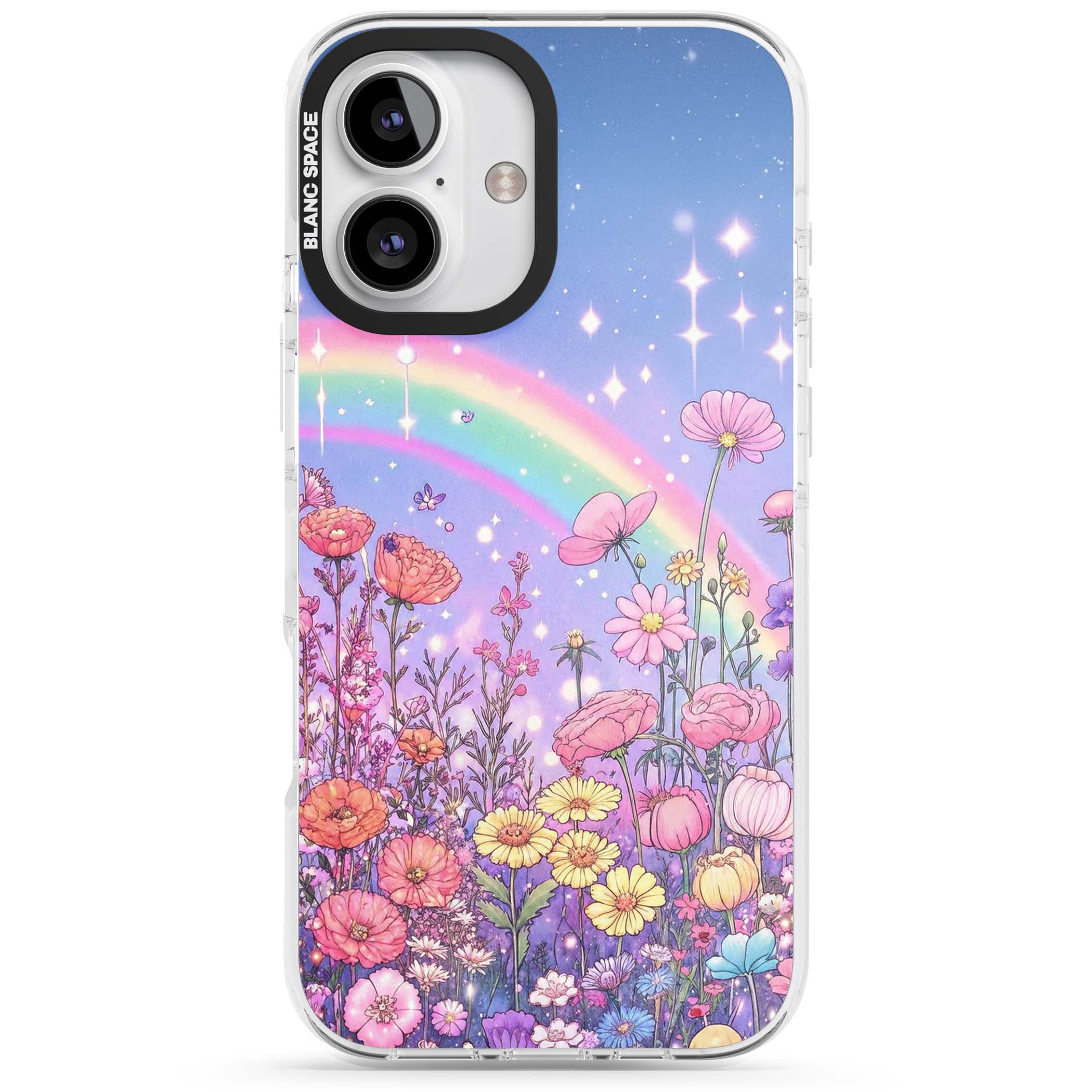 Magical Meadow fairycore iPhone case featuring a pastel rainbow, sparkling stars and a wildflower meadow | Impact Magsafe case for iPhone 16, iPhone 16 Plus