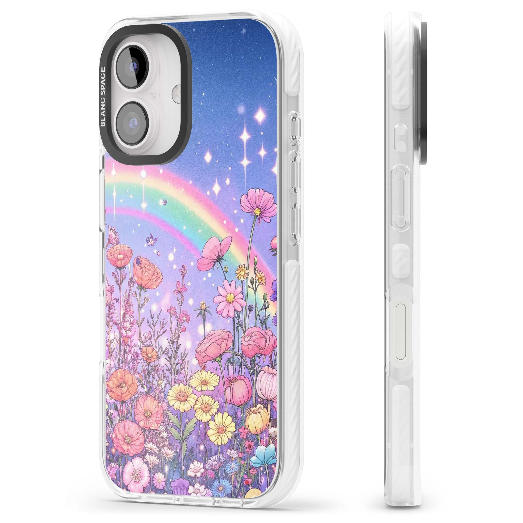 Magical Meadow fairycore iPhone case featuring a pastel rainbow, sparkling stars and a wildflower meadow | Impact Magsafe case for iPhone 16, iPhone 16 Plus