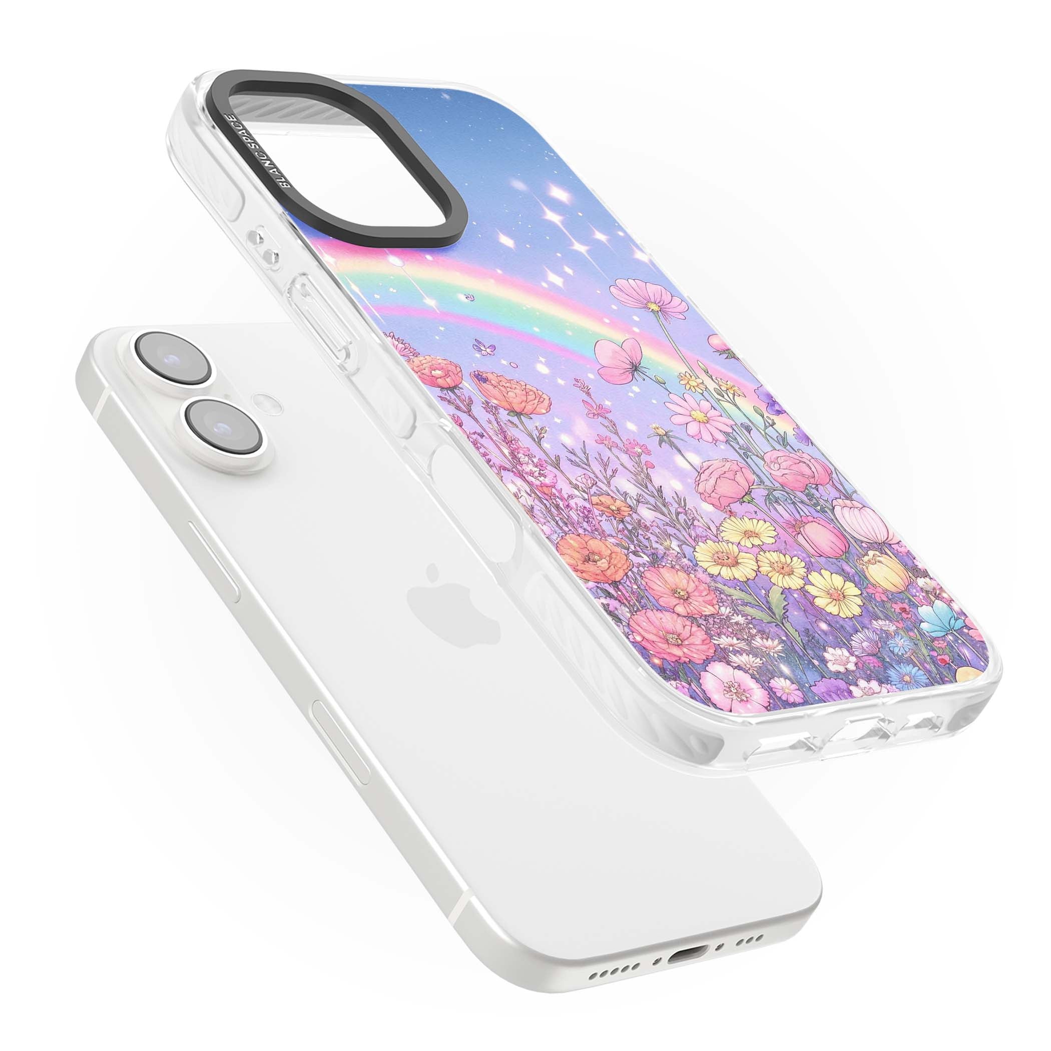 Magical Meadow fairycore iPhone case featuring a pastel rainbow, sparkling stars and a wildflower meadow | Impact Magsafe case for iPhone 16, iPhone 16 Plus