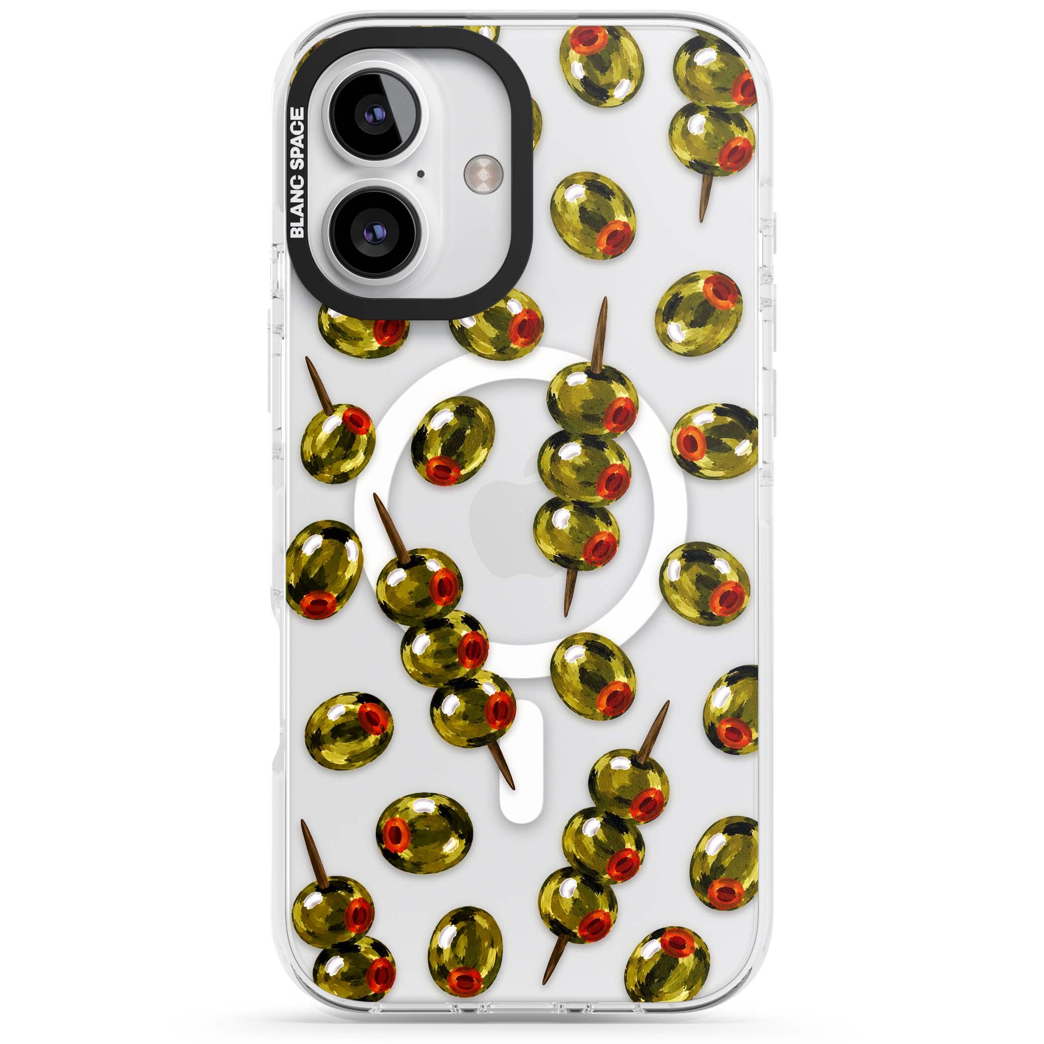 Painted Olives cocktail iPhone case featuring green olives, pimento centres and toothpick skewers on a clear background | Impact Magsafe case for iPhone 16, iPhone 16 Plus