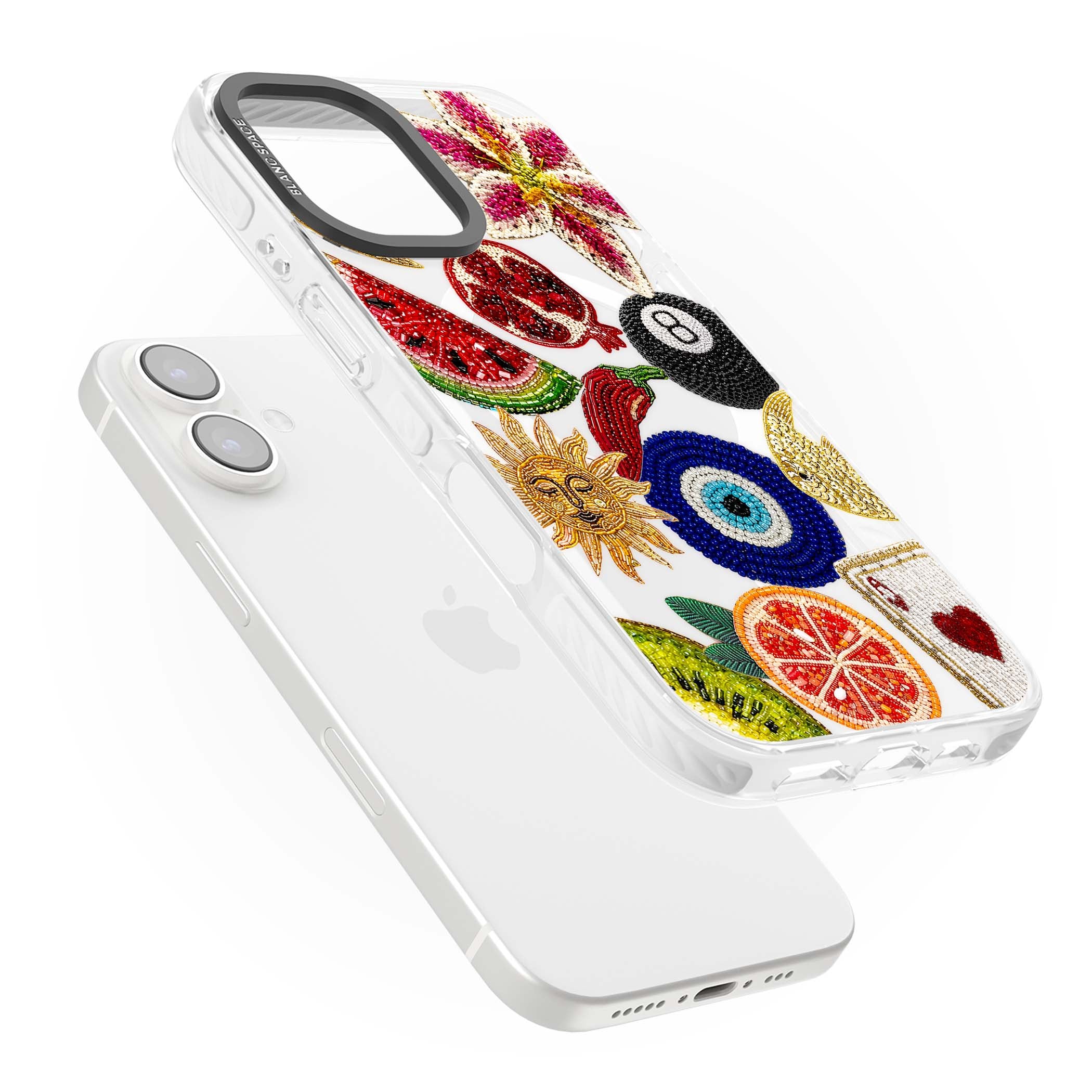 Beaded Charms embroidery iPhone case featuring beaded evil eye, fruit patches and a golden sun motif | Impact Magsafe case for iPhone 16, iPhone 16 Plus