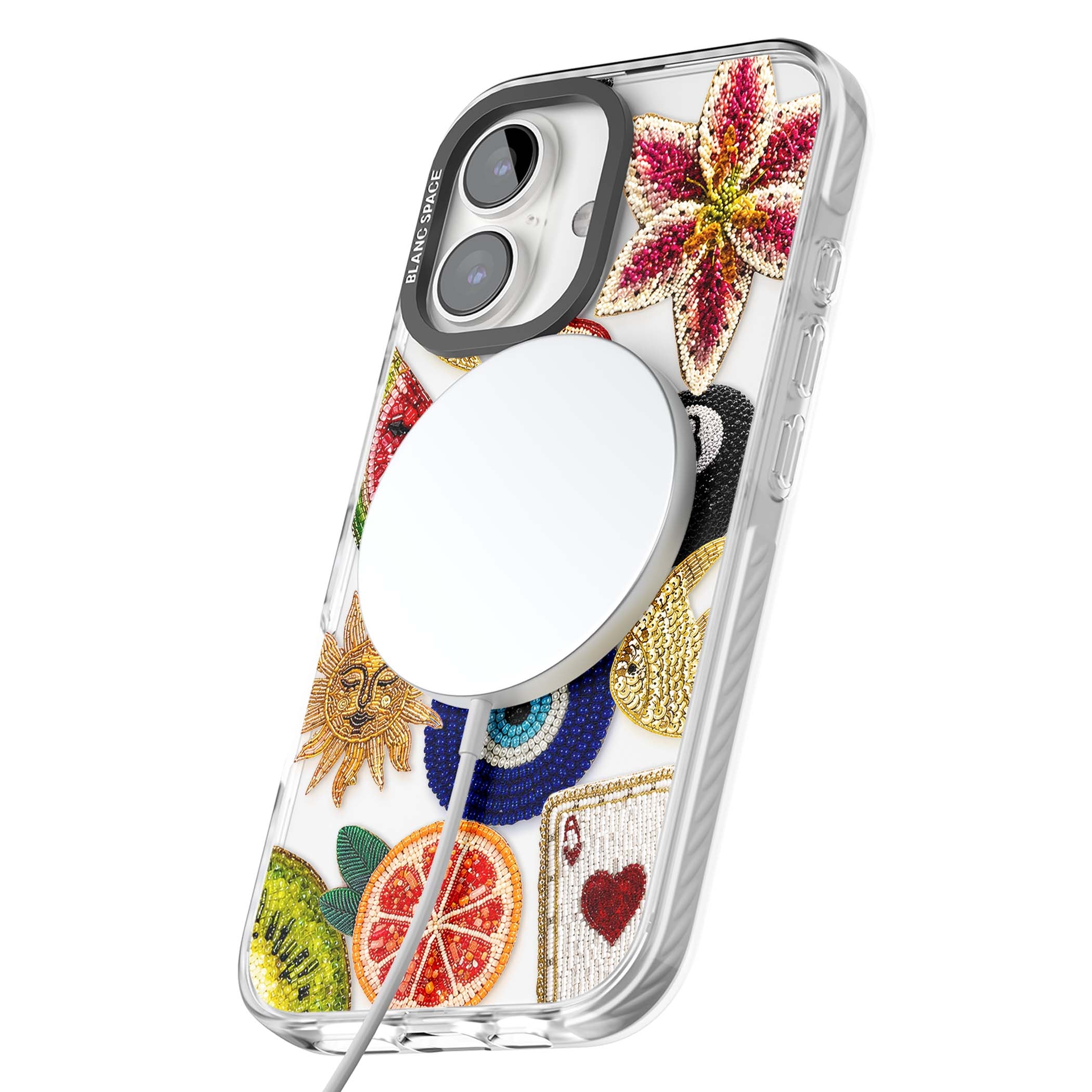 Beaded Charms embroidery iPhone case featuring beaded evil eye, fruit patches and a golden sun motif | Impact Magsafe case for iPhone 16, iPhone 16 Plus