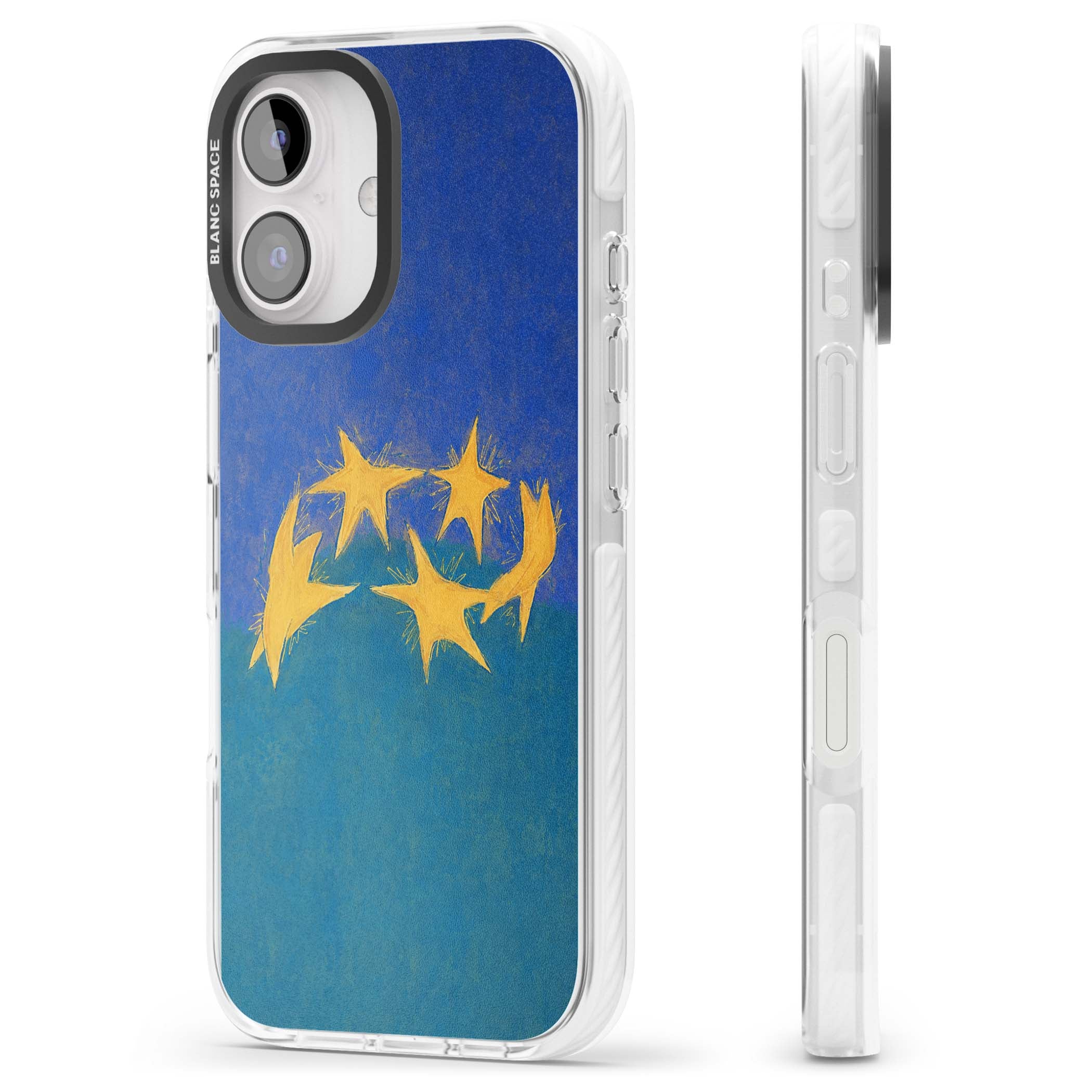 Star Boogie stars aesthetic iPhone case featuring five yellow hand-painted stars on cobalt blue and teal | Impact Magsafe case for iPhone 16, iPhone 16 Plus