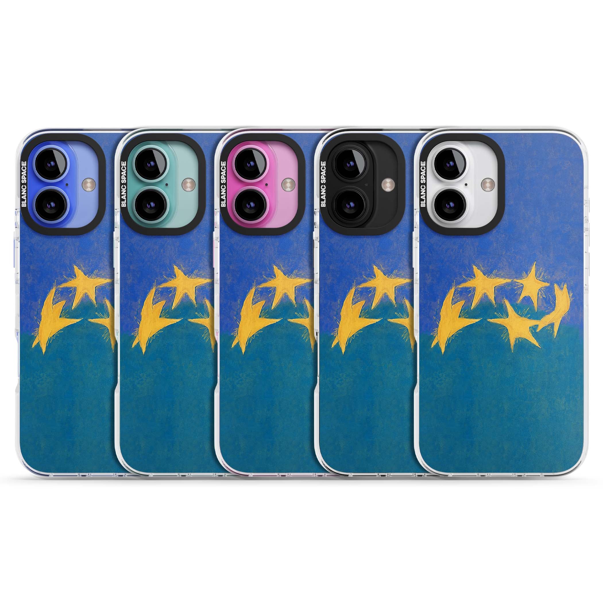 Star Boogie stars aesthetic iPhone case featuring five yellow hand-painted stars on cobalt blue and teal | Impact Magsafe case for iPhone 16, iPhone 16 Plus