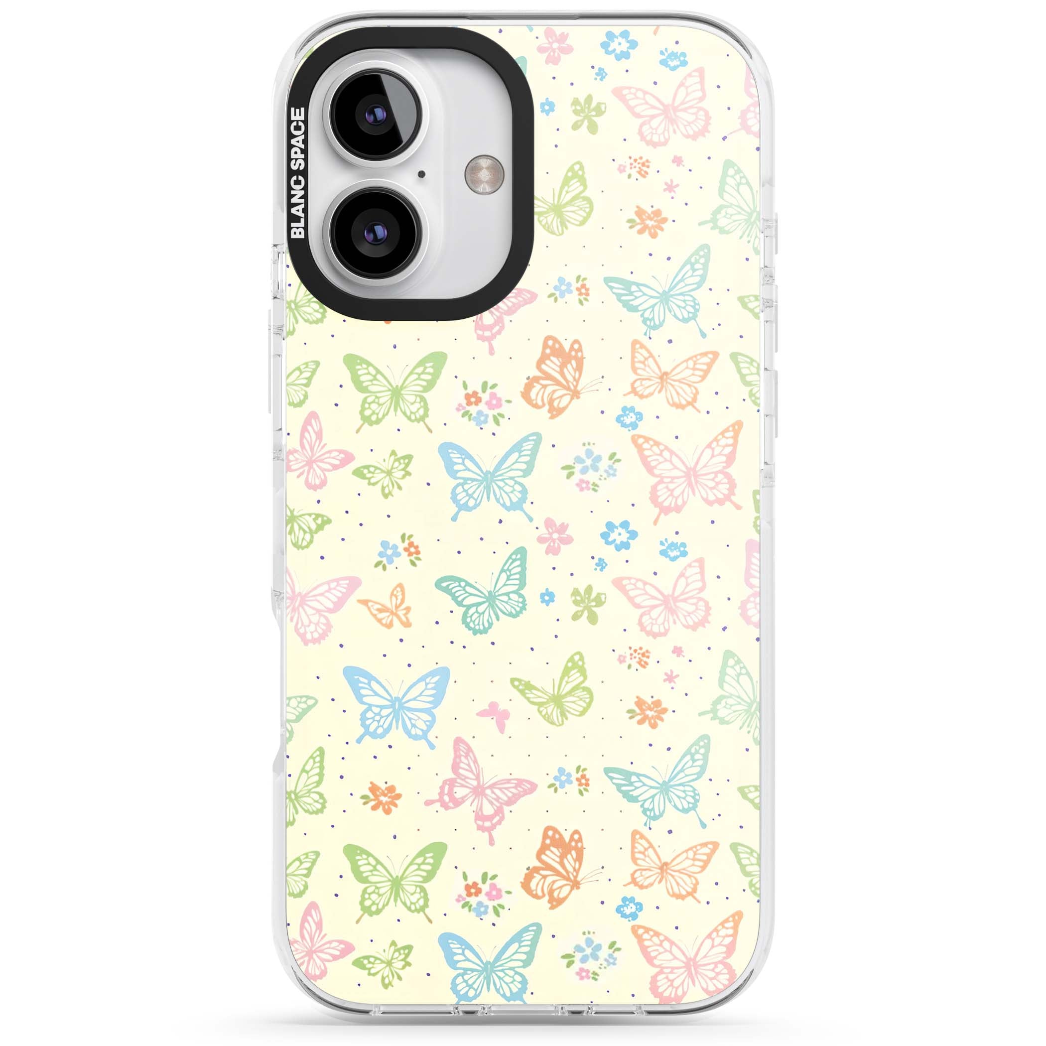 Sugar Wings cottagecore iPhone case featuring rainbow pastel butterflies, tiny wildflowers, and a cream background | Impact Magsafe case for iPhone 16, iPhone 16 Plus