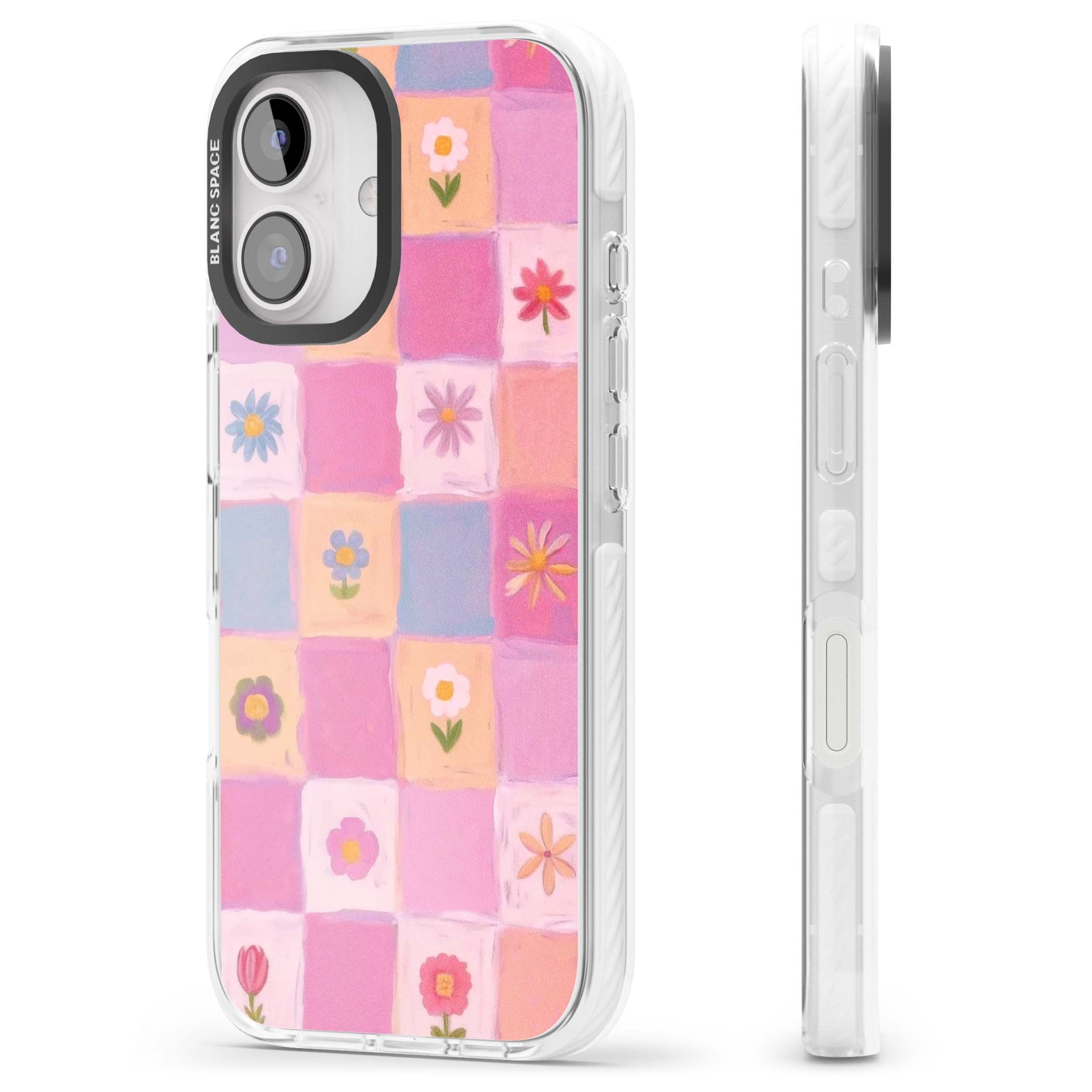 Pastel Flower Patchwork cottagecore iPhone case featuring painted pink and lilac squares with daisies and wildflowers | Impact Magsafe case for iPhone 16, iPhone 16 Plus