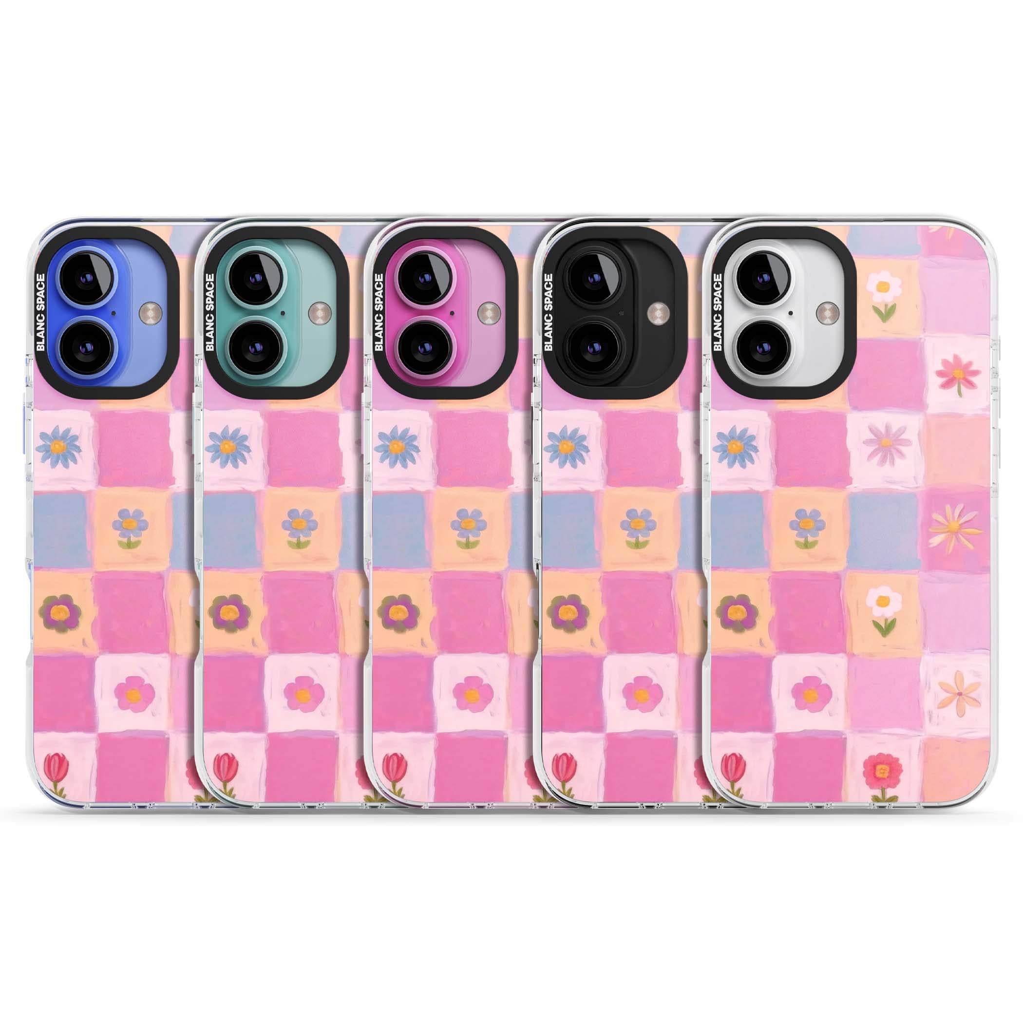 Pastel Flower Patchwork cottagecore iPhone case featuring painted pink and lilac squares with daisies and wildflowers | Impact Magsafe case for iPhone 16, iPhone 16 Plus