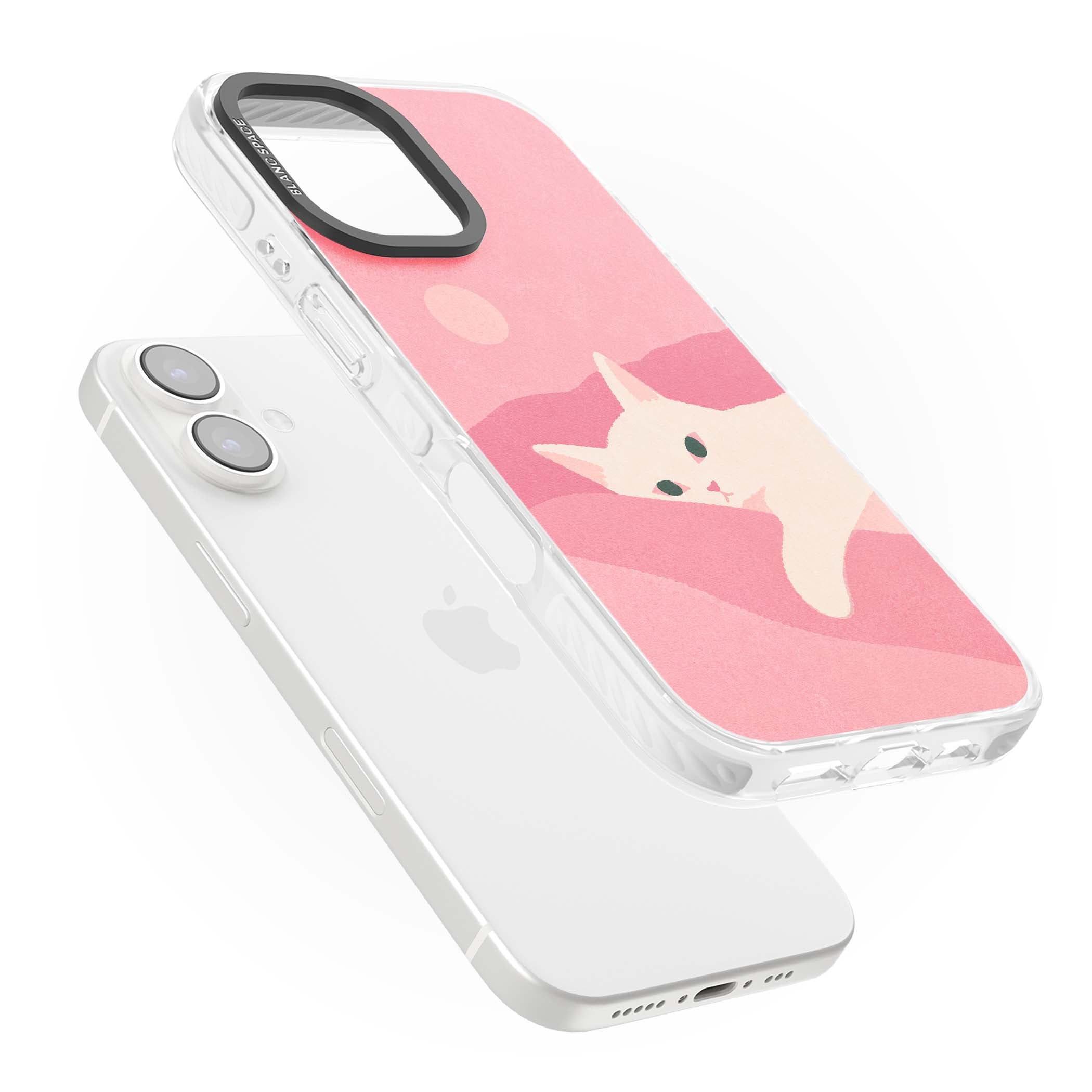 Pink Dreams cute cat iPhone case featuring a white kitten, soft pink hills and a pale pastel sun | Impact Magsafe case for iPhone 16, iPhone 16 Plus