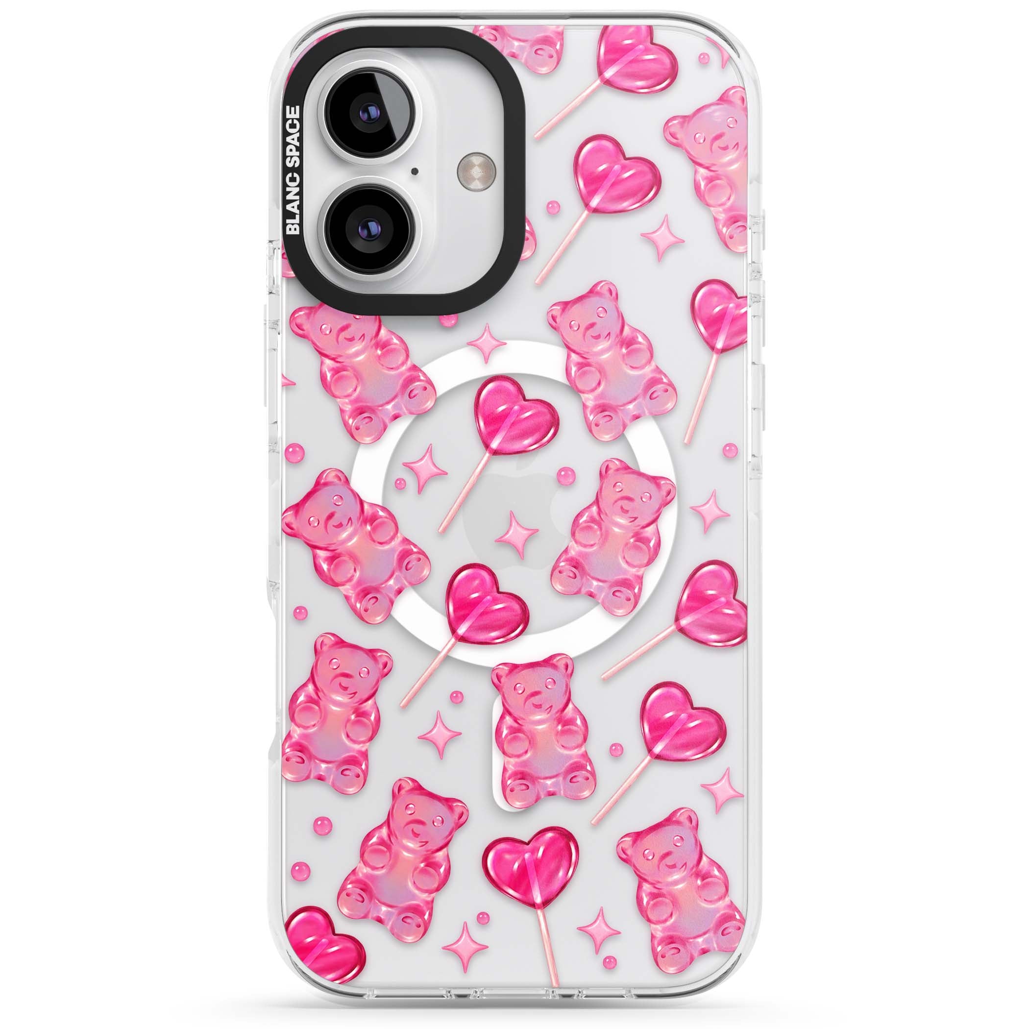 Pink Sugar pinkcore iPhone case featuring pink gummy bears, heart-shaped lollipops and sparkle stars | Impact Magsafe case for iPhone 16, iPhone 16 Plus