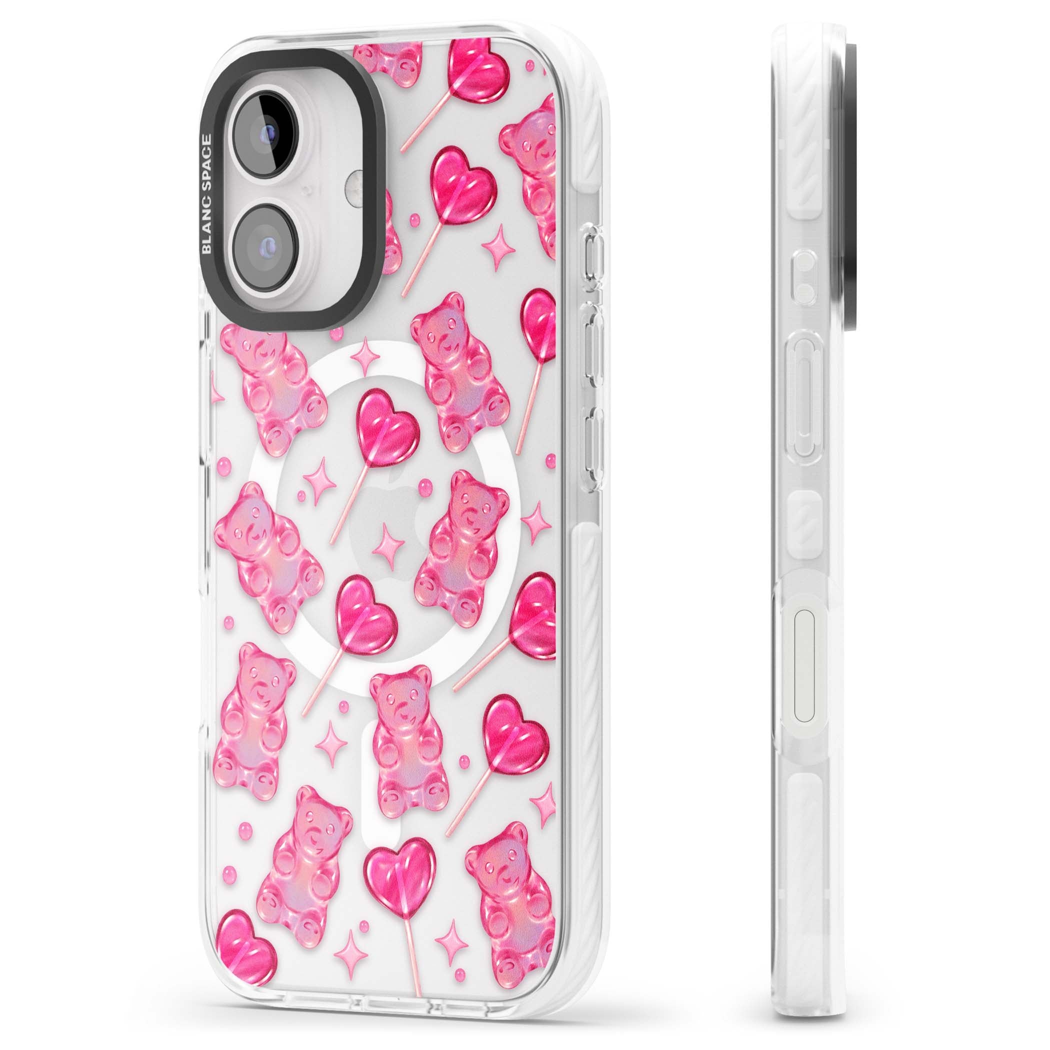 Pink Sugar pinkcore iPhone case featuring pink gummy bears, heart-shaped lollipops and sparkle stars | Impact Magsafe case for iPhone 16, iPhone 16 Plus