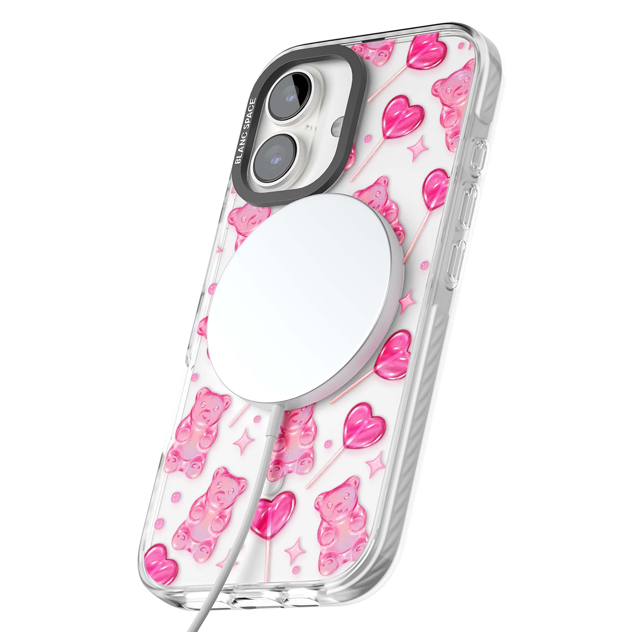 Pink Sugar pinkcore iPhone case featuring pink gummy bears, heart-shaped lollipops and sparkle stars | Impact Magsafe case for iPhone 16, iPhone 16 Plus