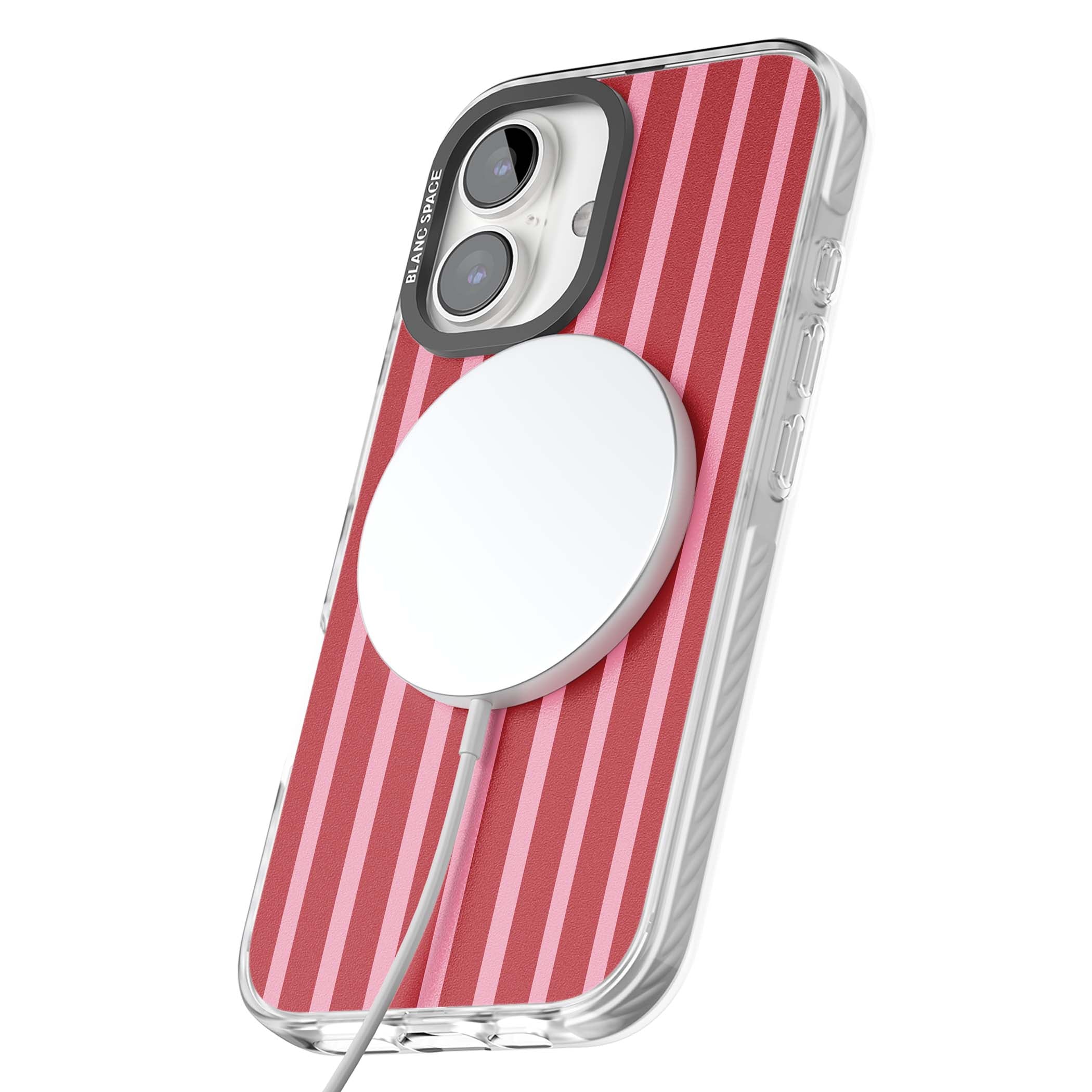 Raspberry Stripe coquette iPhone case featuring red and pink vertical stripes in a candy-inspired pattern | Impact Magsafe case for iPhone 16, iPhone 16 Plus