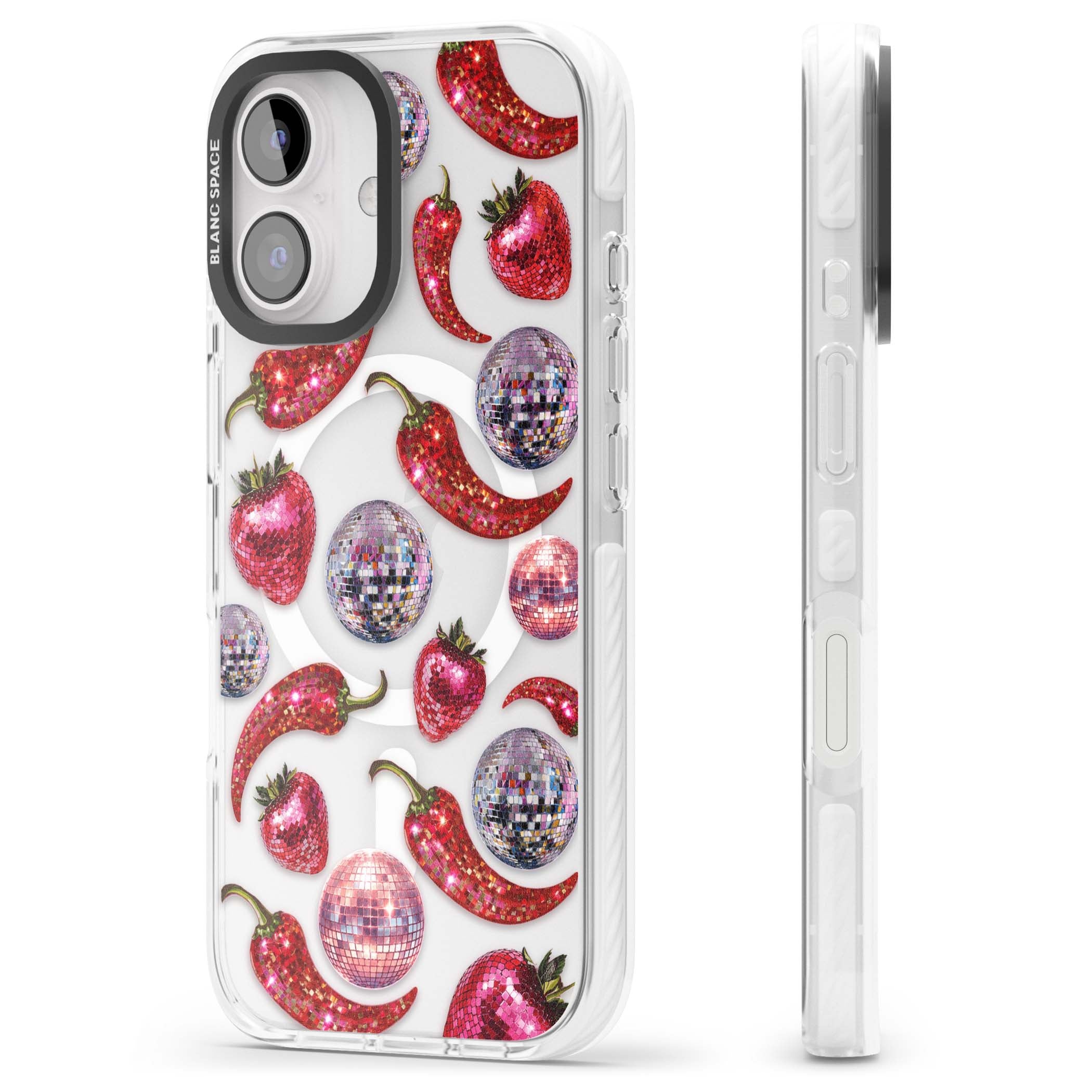 Spicy Disco Y2K iPhone case featuring glitter disco balls, sparkly strawberries and red chilli peppers | Impact Magsafe case for iPhone 16, iPhone 16 Plus