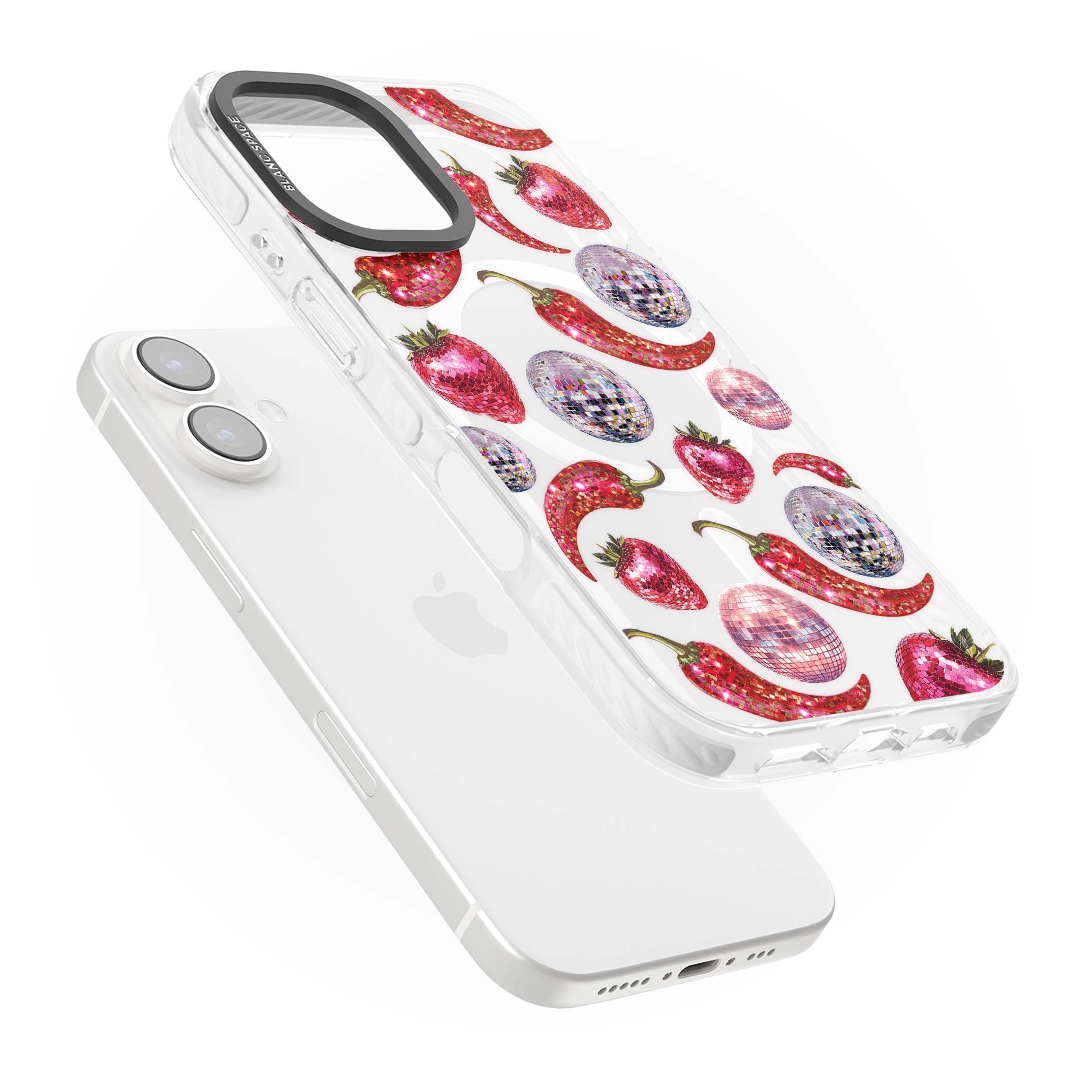 Spicy Disco Y2K iPhone case featuring glitter disco balls, sparkly strawberries and red chilli peppers | Impact Magsafe case for iPhone 16, iPhone 16 Plus
