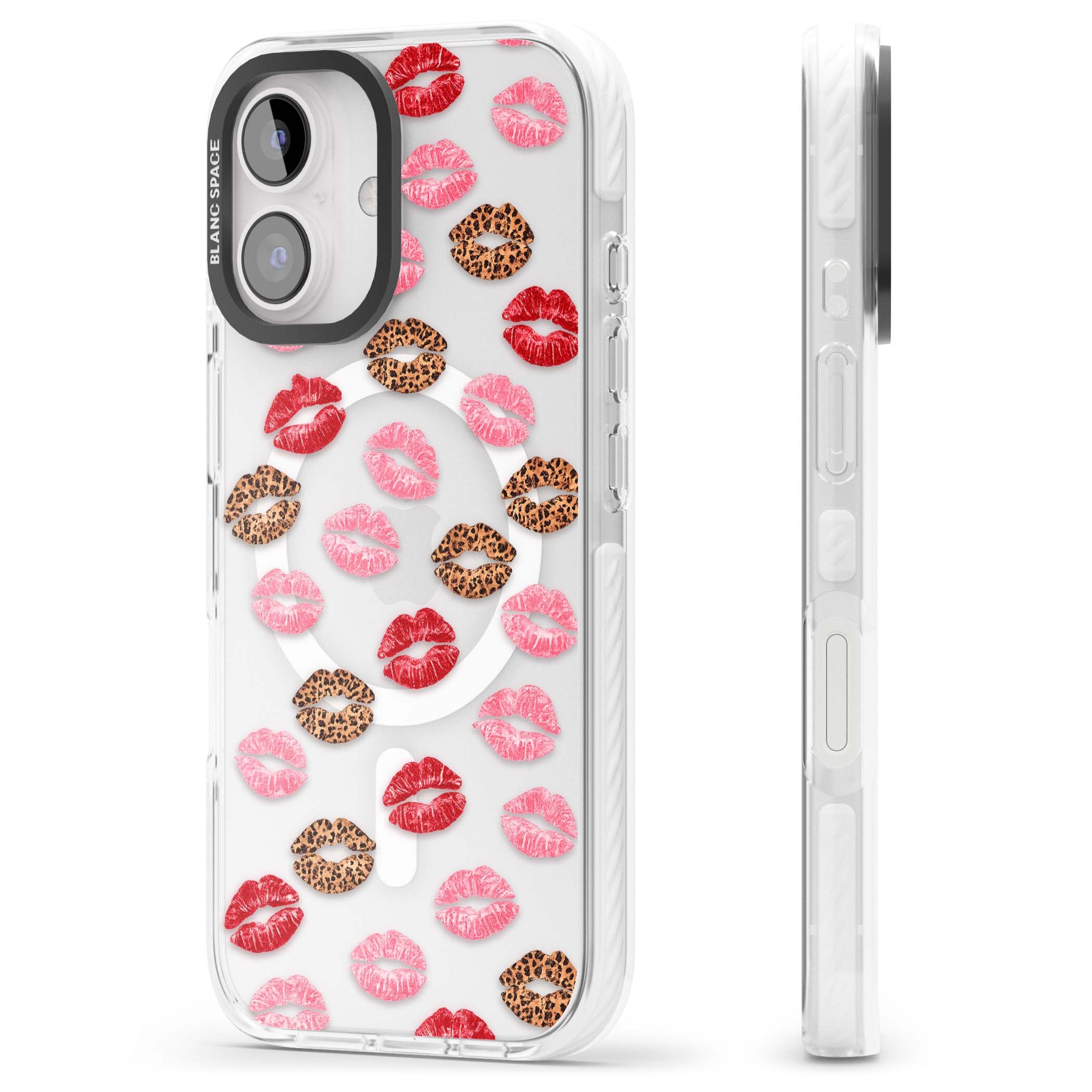 Wild Kisses coquette iPhone case featuring red, pink and leopard print lipstick kiss marks on a clear background | Impact Magsafe case for iPhone 16, iPhone 16 Plus