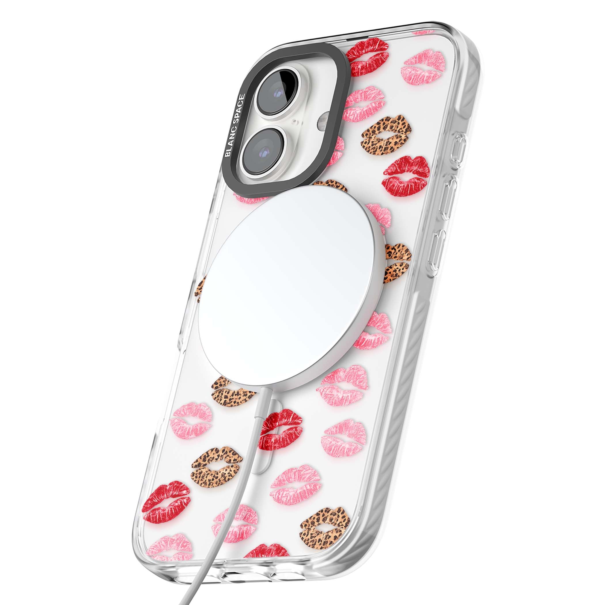 Wild Kisses coquette iPhone case featuring red, pink and leopard print lipstick kiss marks on a clear background | Impact Magsafe case for iPhone 16, iPhone 16 Plus