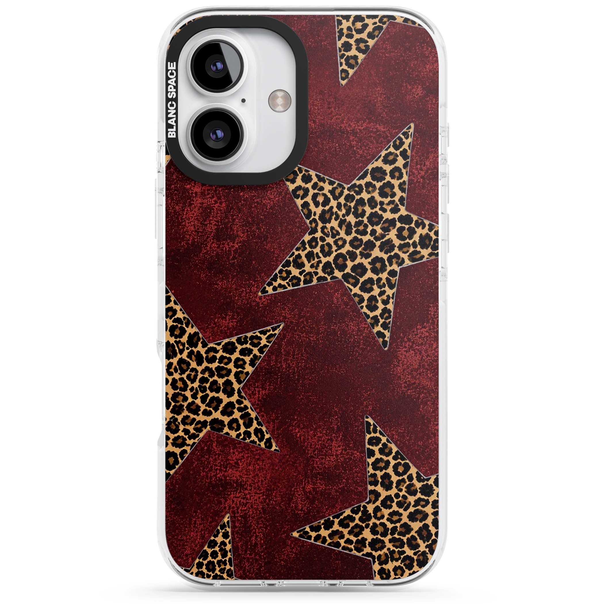 Showgirl leopard print iPhone case featuring cheetah print stars on distressed red grunge background | Impact Magsafe case for iPhone 16, iPhone 16 Plus