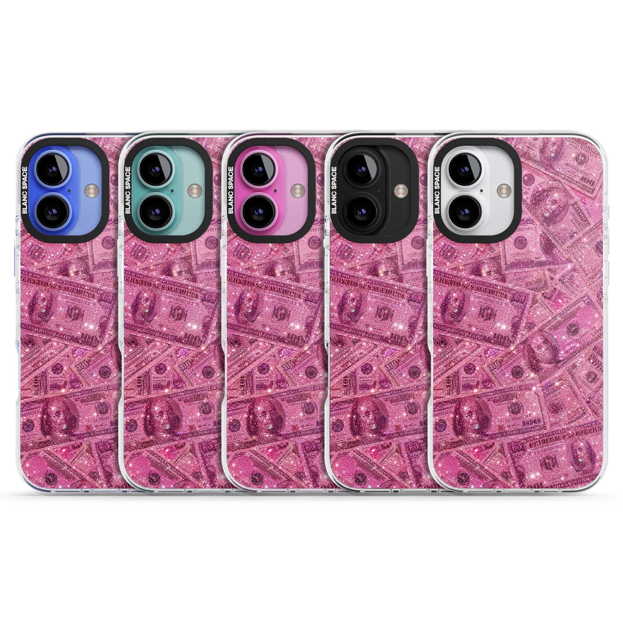 Glamorous baddie iPhone case featuring pink glitter hundred dollar bills and sparkling money wallpaper design | Impact Magsafe case for iPhone 16, iPhone 16 Plus