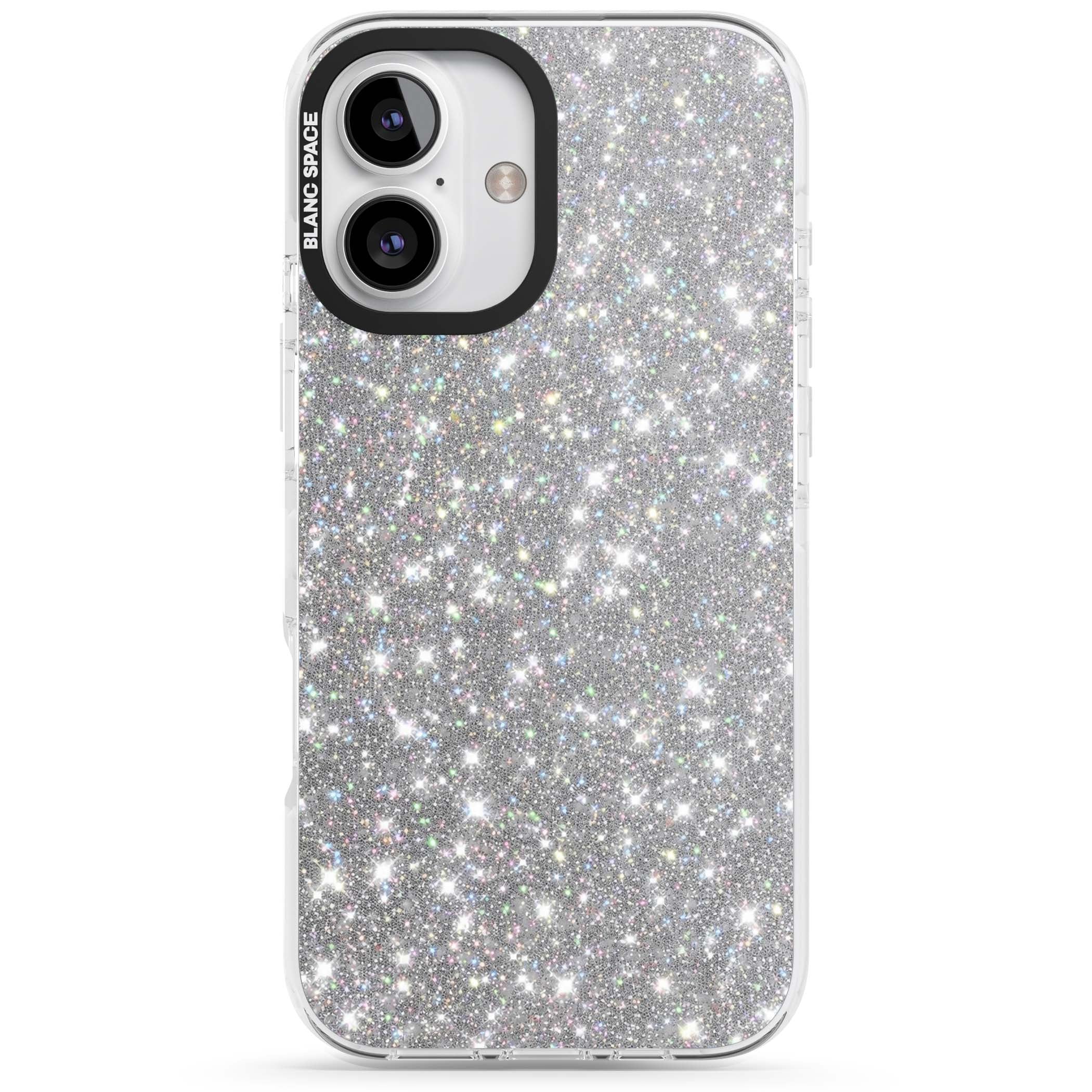 Diamond glam iPhone case featuring silver glitter sparkle and shimmering diamond dust effect | Impact Magsafe case for iPhone 16, iPhone 16 Plus
